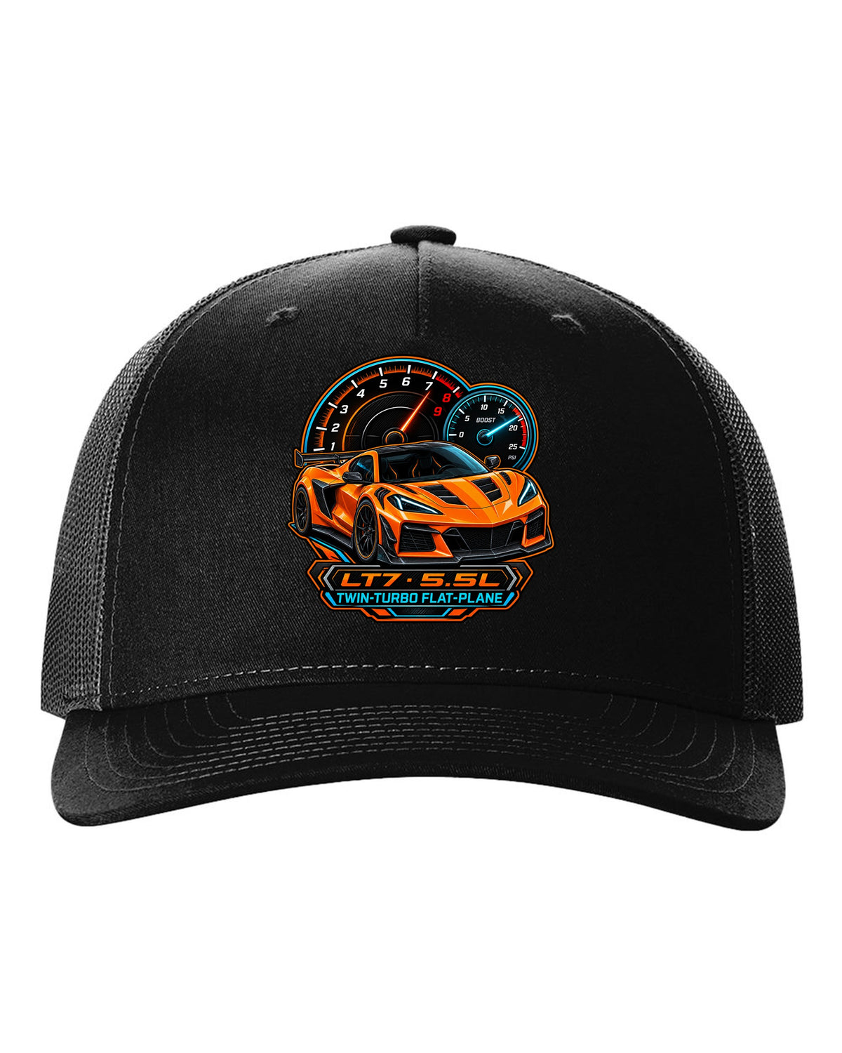 Embroidery-style varsity crest of a 2023 C8 Corvette Z06 with LT7 engine lettering black hat front view with the design