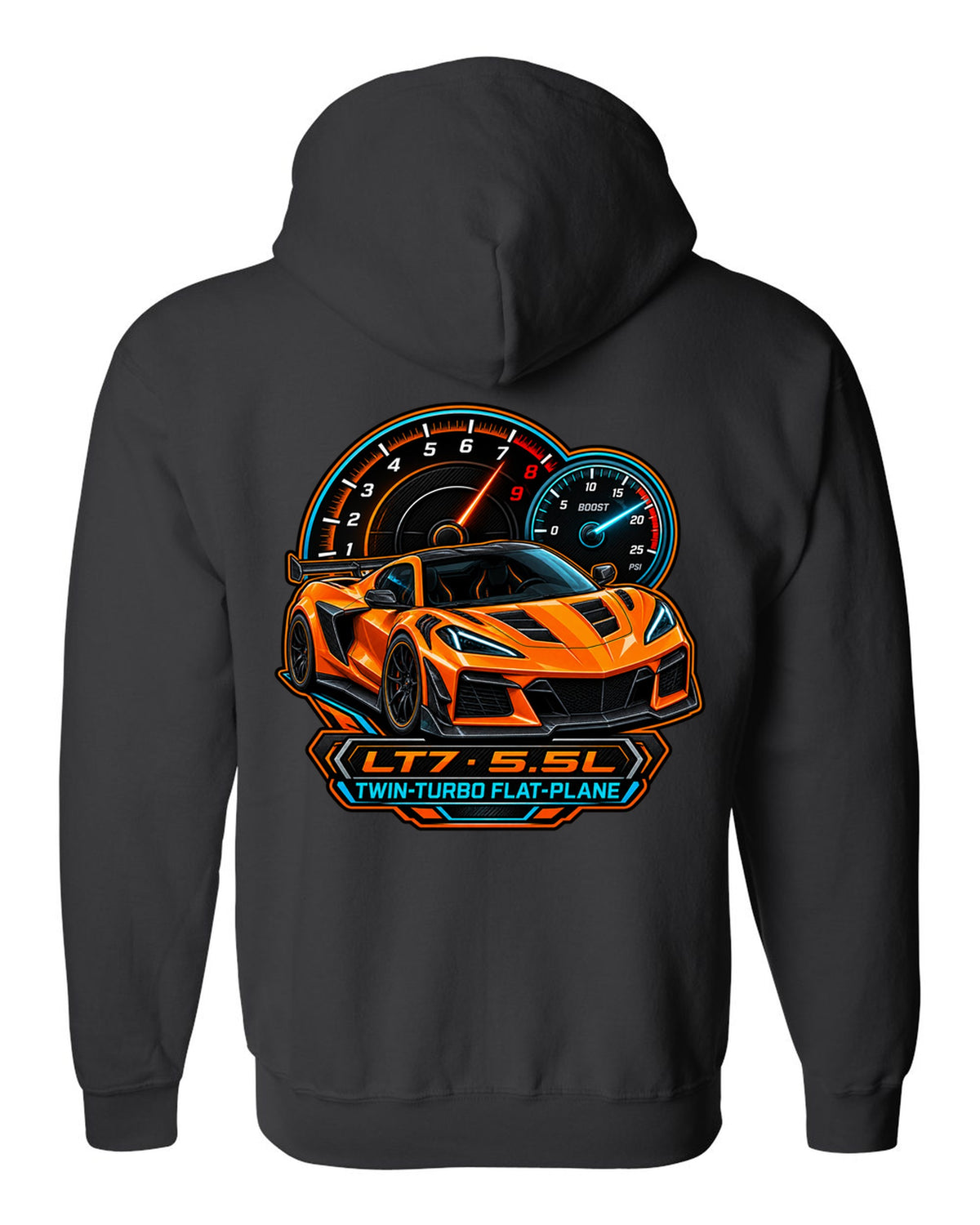 Embroidery-style varsity crest of a 2023 C8 Corvette Z06 with LT7 engine lettering black zip hoodie back view with the design