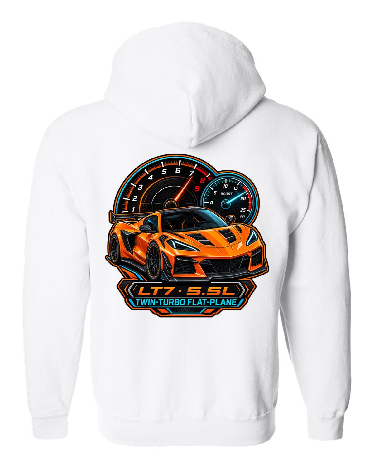 Embroidery-style varsity crest of a 2023 C8 Corvette Z06 with LT7 engine lettering white zip hoodie back view with the design