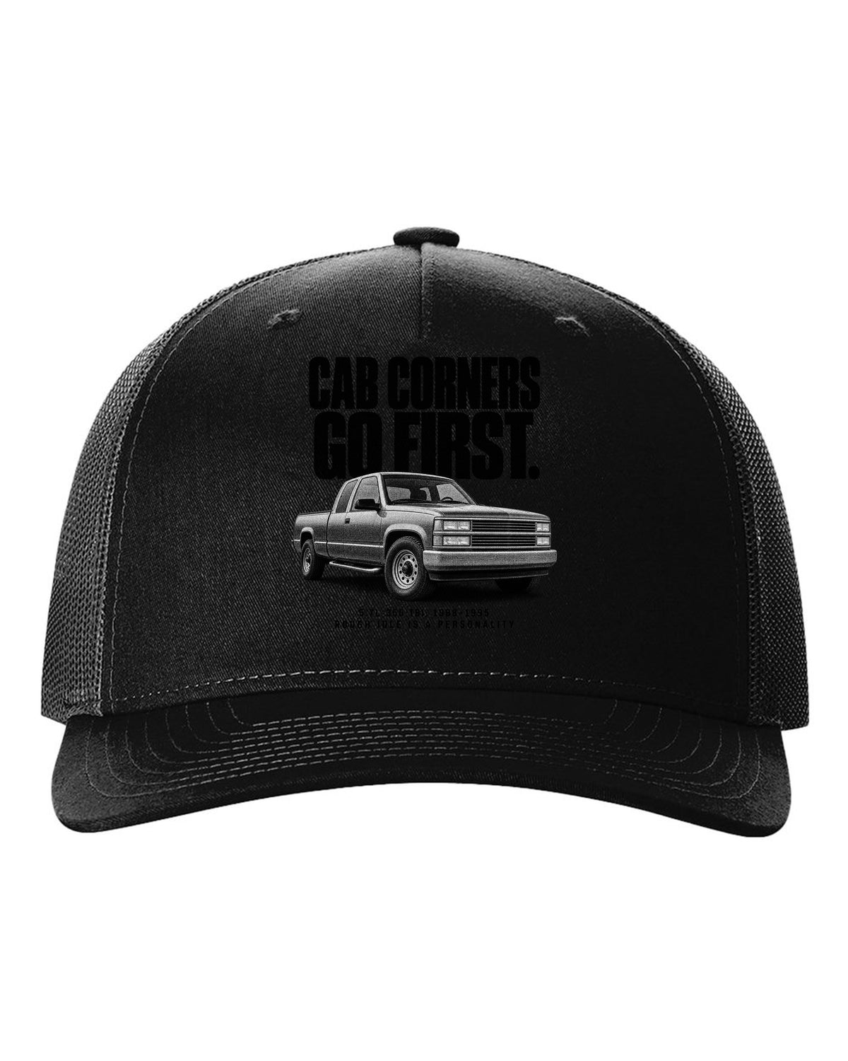 Halftone print of a 1988-98 Chevrolet GMT400 C1500 OBS with 5.7L 350 TBI text black hat front view with the design