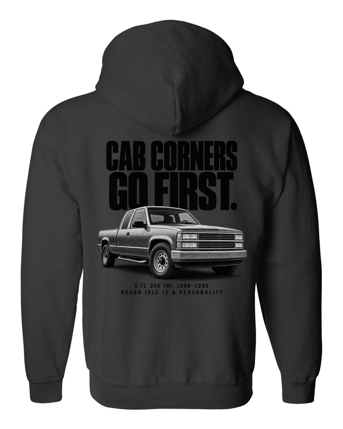 Halftone print of a 1988-98 Chevrolet GMT400 C1500 OBS with 5.7L 350 TBI text black zip hoodie back view with the design