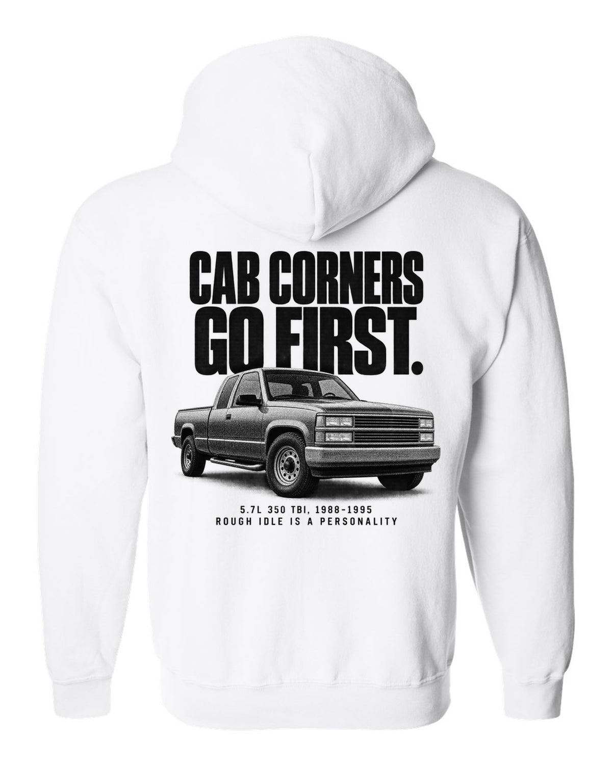 Halftone print of a 1988-98 Chevrolet GMT400 C1500 OBS with 5.7L 350 TBI text white zip hoodie back view with the design