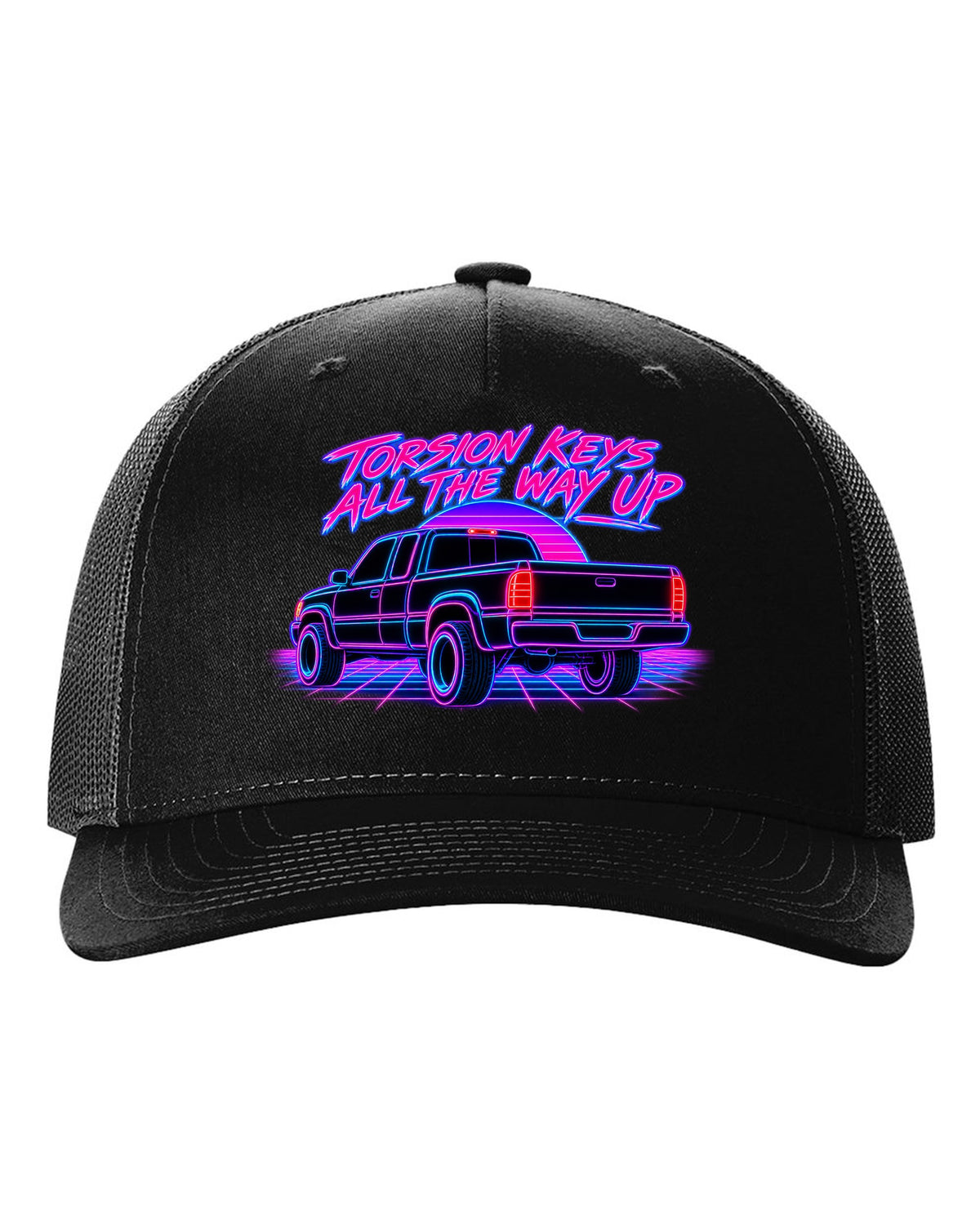 Neon synthwave line print of a 1988-98 Chevrolet GMT400 C1500 OBS extended cab taillight black hat front view with the design