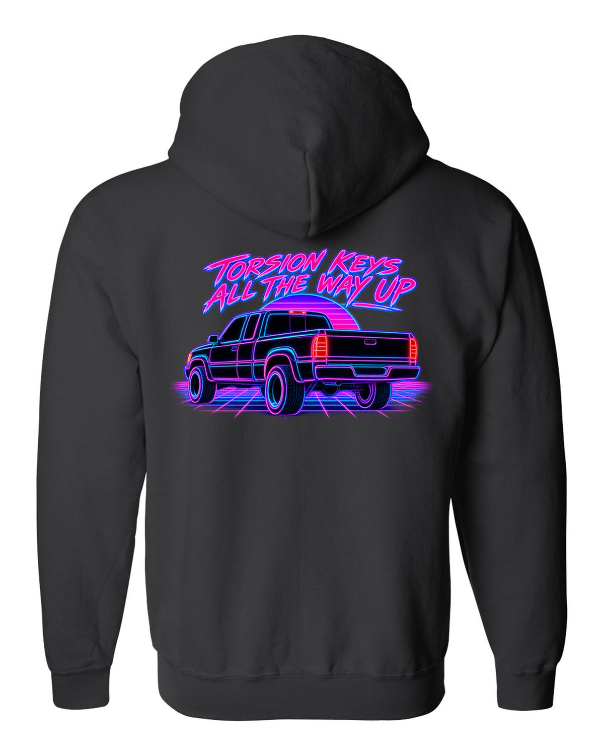 Neon synthwave line print of a 1988-98 Chevrolet GMT400 C1500 OBS extended cab taillight black zip hoodie back view with the design