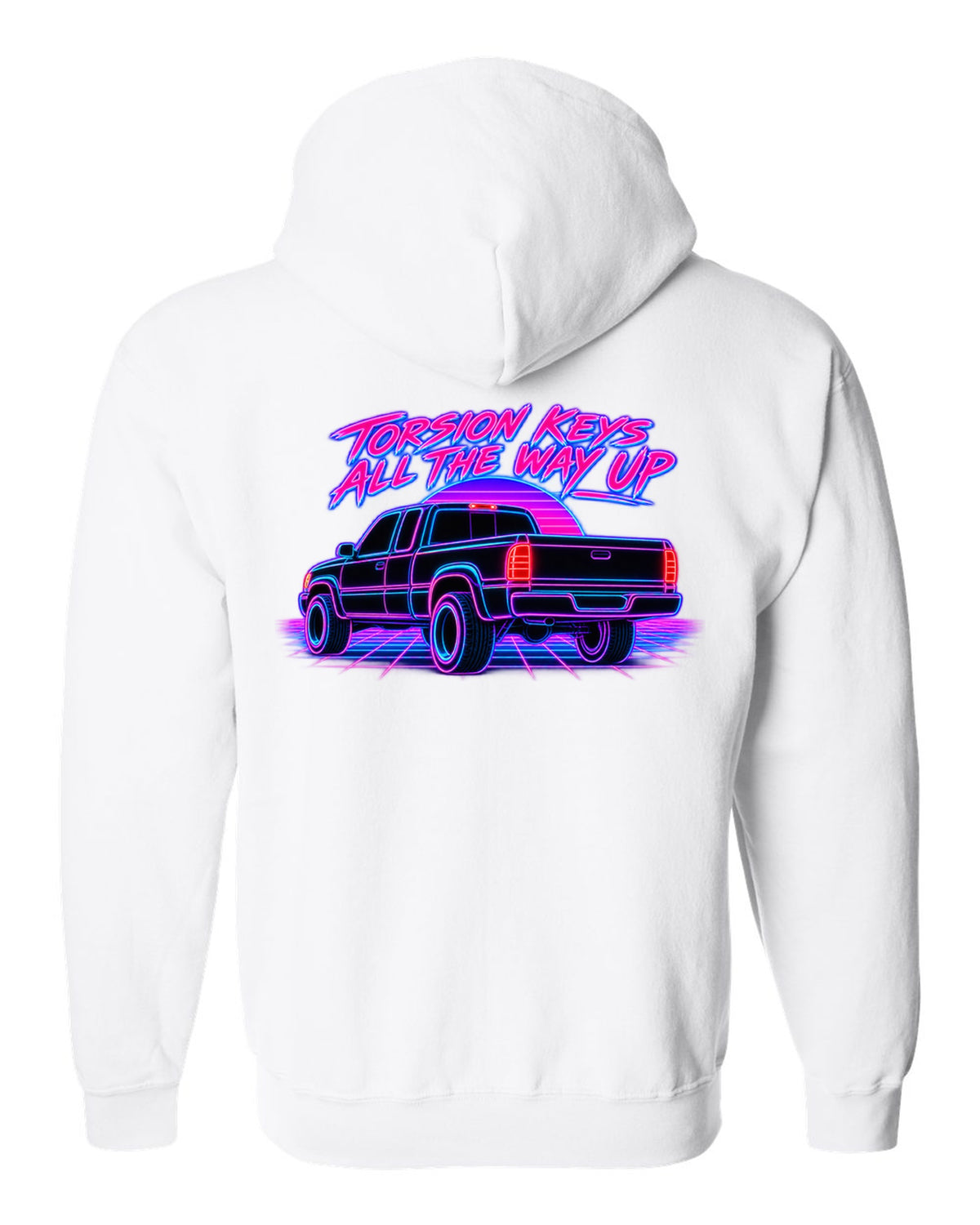 Neon synthwave line print of a 1988-98 Chevrolet GMT400 C1500 OBS extended cab taillight white zip hoodie back view with the design
