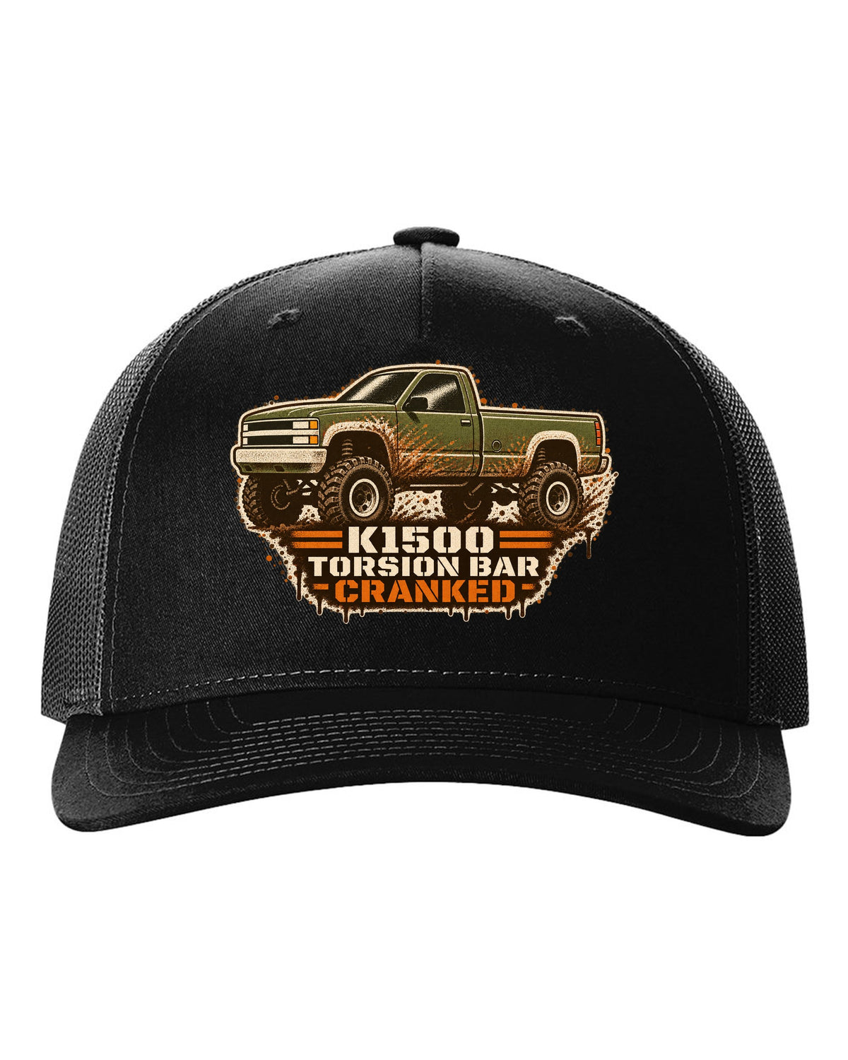Stencil spray street-art print of a 1988-98 Chevrolet GMT400 K1500 Z71 OBS with torsion bar text black hat front view with the design