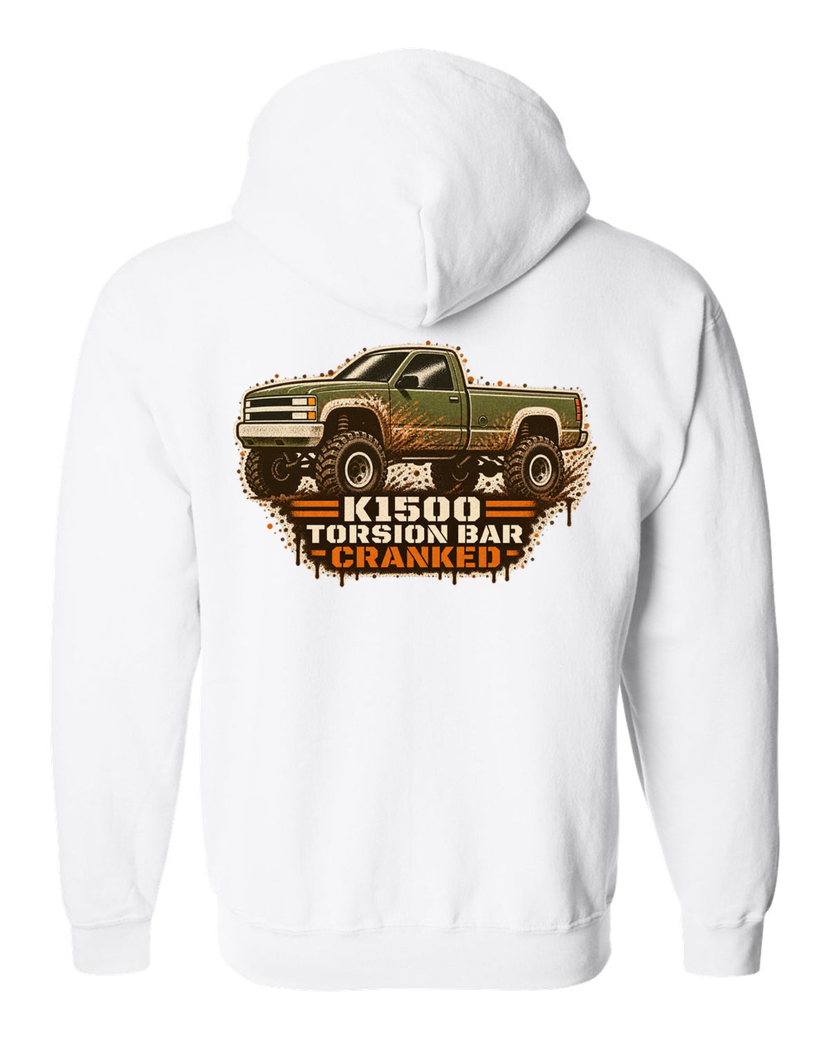 Stencil spray street-art print of a 1988-98 Chevrolet GMT400 K1500 Z71 OBS with torsion bar text white zip hoodie back view with the design