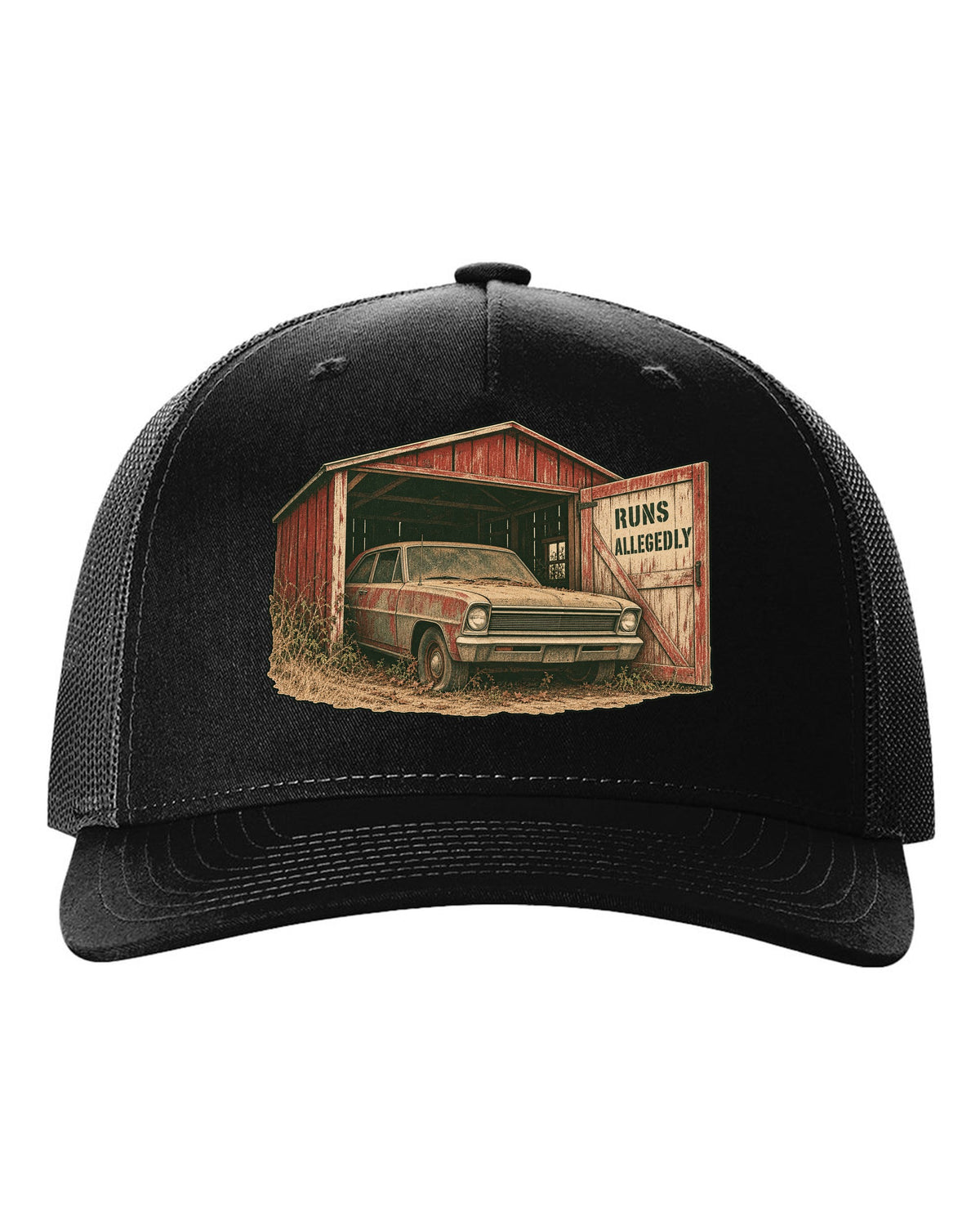 1966 Chevy II Nova in a grainy two-colour risograph barn find design with the text Runs Allegedly black hat front view with the design