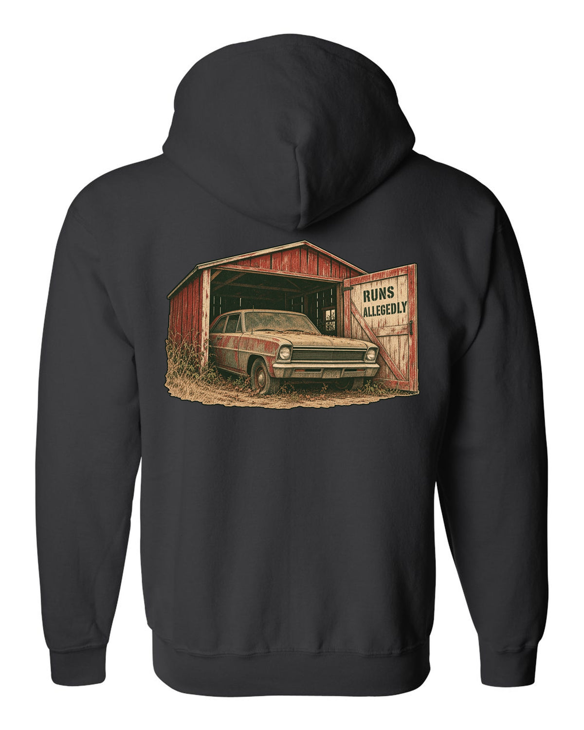 1966 Chevy II Nova in a grainy two-colour risograph barn find design with the text Runs Allegedly black zip hoodie back view with the design
