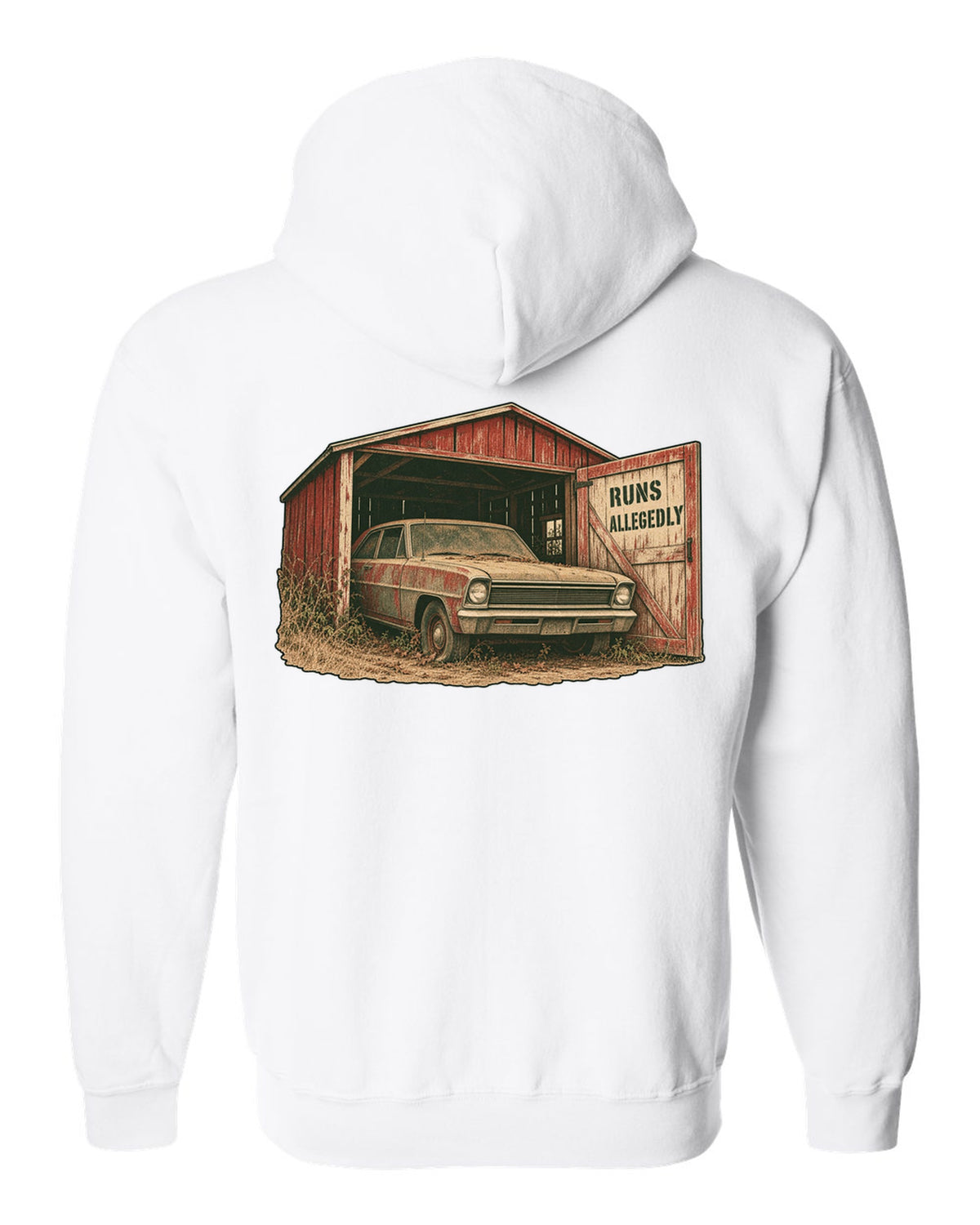 1966 Chevy II Nova in a grainy two-colour risograph barn find design with the text Runs Allegedly white zip hoodie back view with the design