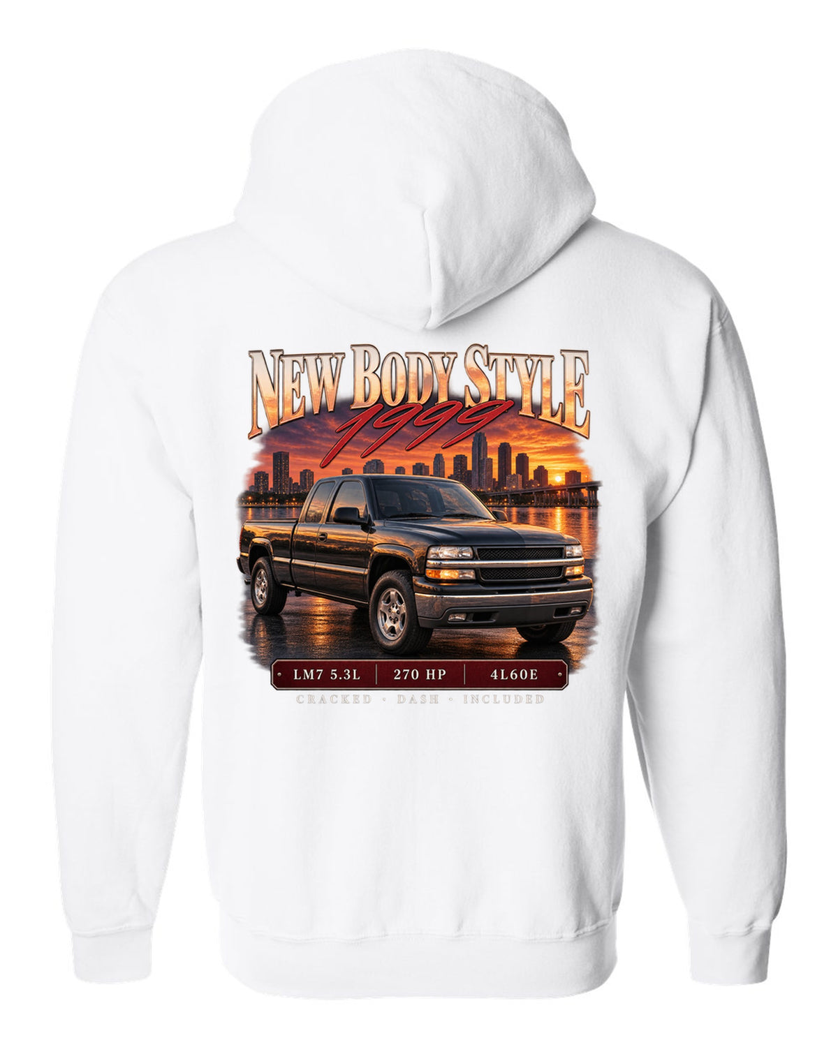 Archive panel print of a 1999-2006 Chevrolet Silverado GMT800 with LM7 5.3L text white zip hoodie back view with the design
