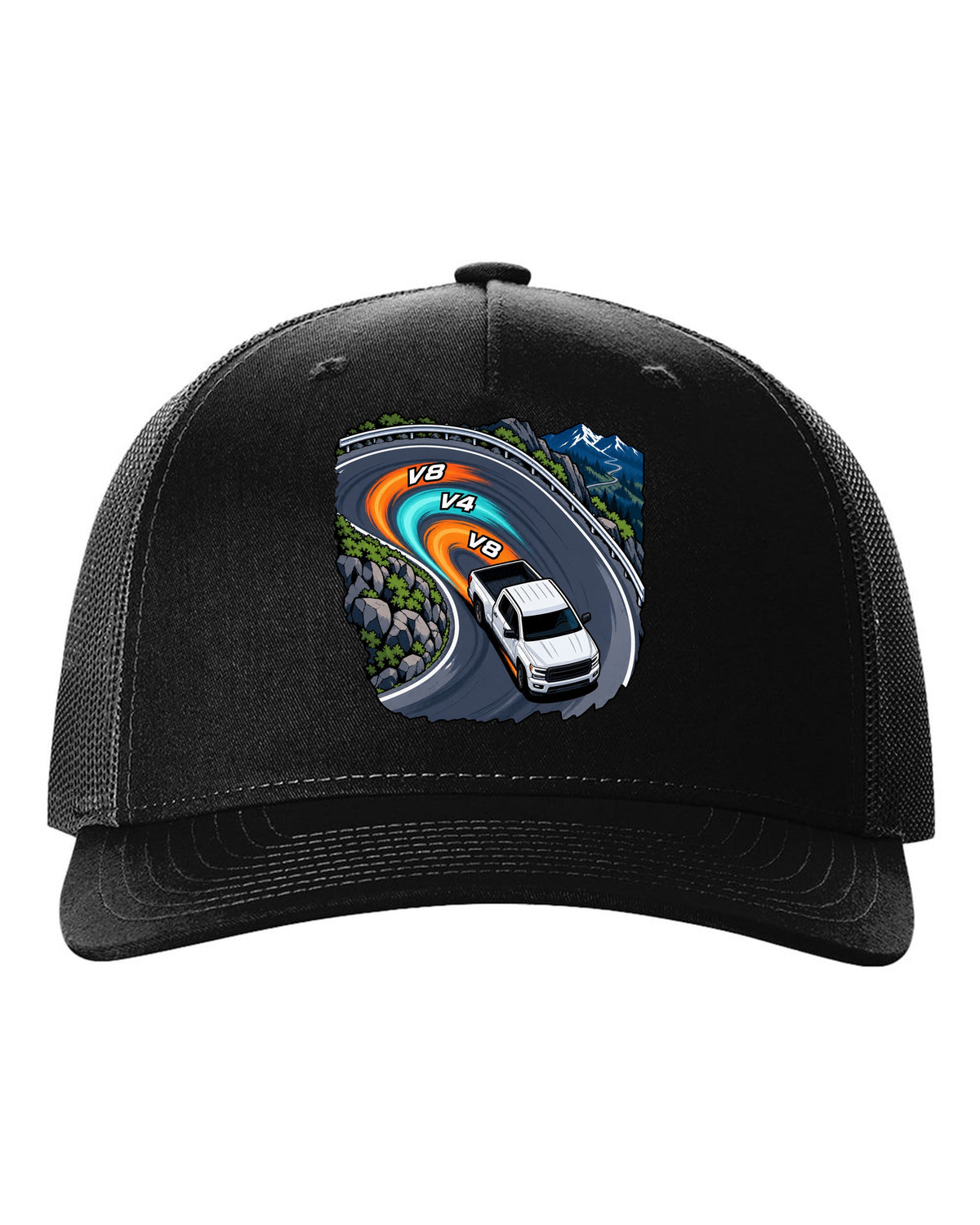 Cel-shaded anime night touge print of a 2007-2013 Chevrolet Silverado GMT900 with V8 V4 V8 text black hat front view with the design