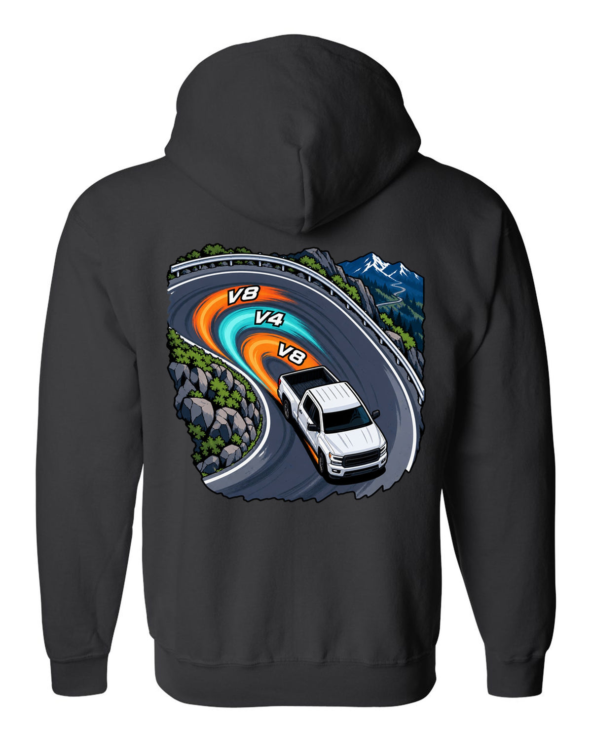 Cel-shaded anime night touge print of a 2007-2013 Chevrolet Silverado GMT900 with V8 V4 V8 text black zip hoodie back view with the design