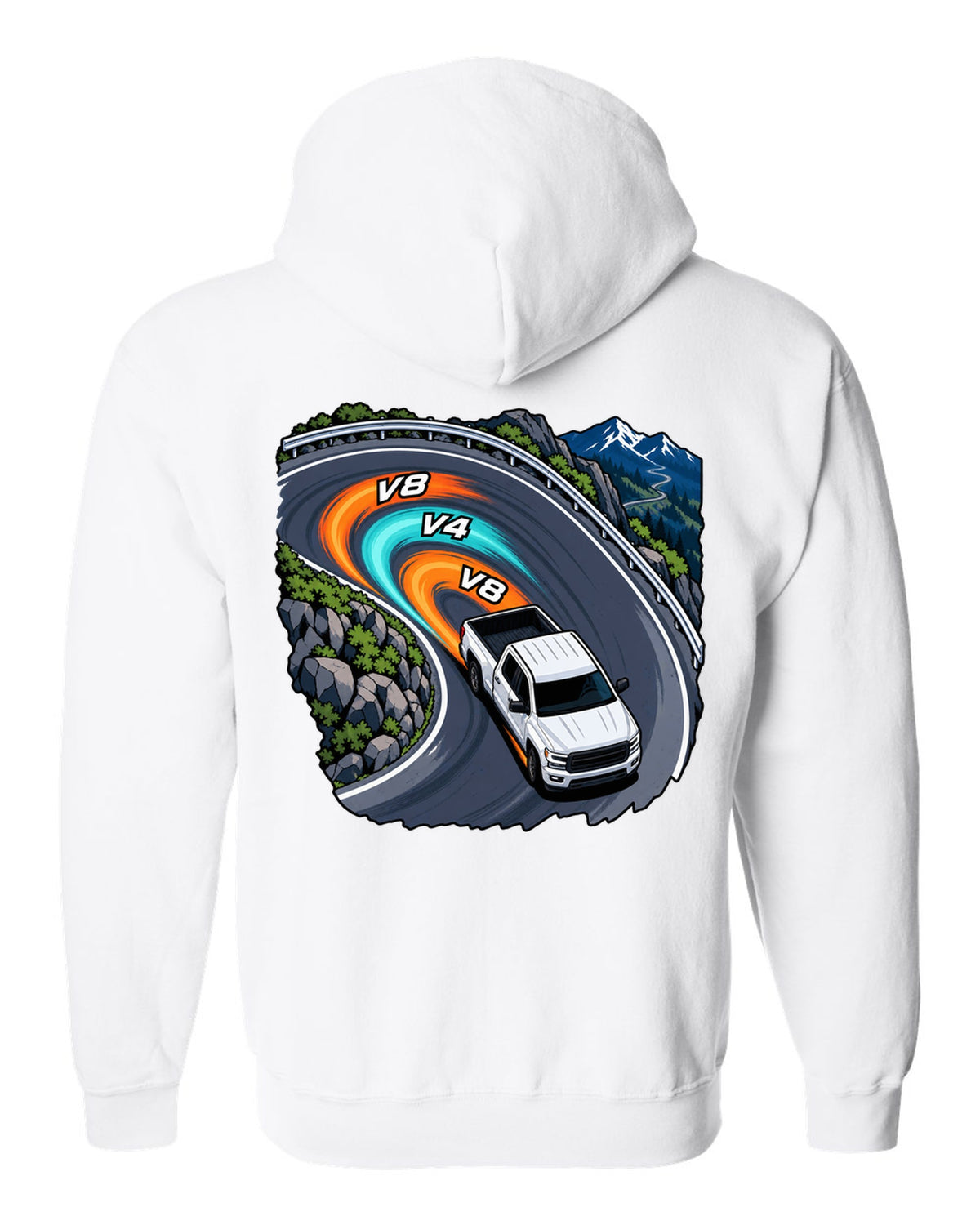 Cel-shaded anime night touge print of a 2007-2013 Chevrolet Silverado GMT900 with V8 V4 V8 text white zip hoodie back view with the design