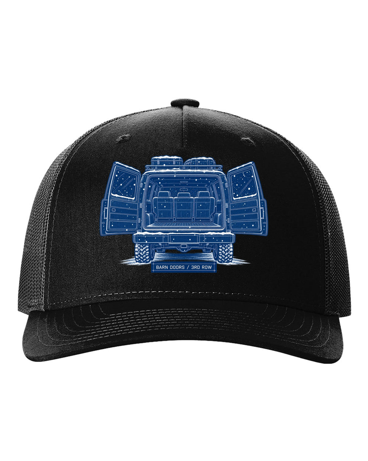Cyanotype blueprint print of a 1992-1999 Chevrolet Suburban GMT400 with Barn Doors and 3rd Row text black hat front view with the design