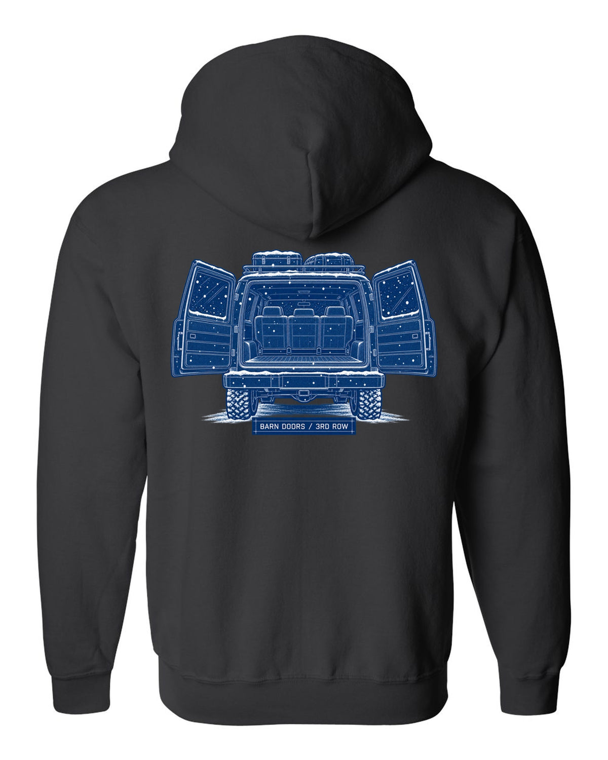 Cyanotype blueprint print of a 1992-1999 Chevrolet Suburban GMT400 with Barn Doors and 3rd Row text black zip hoodie back view with the design