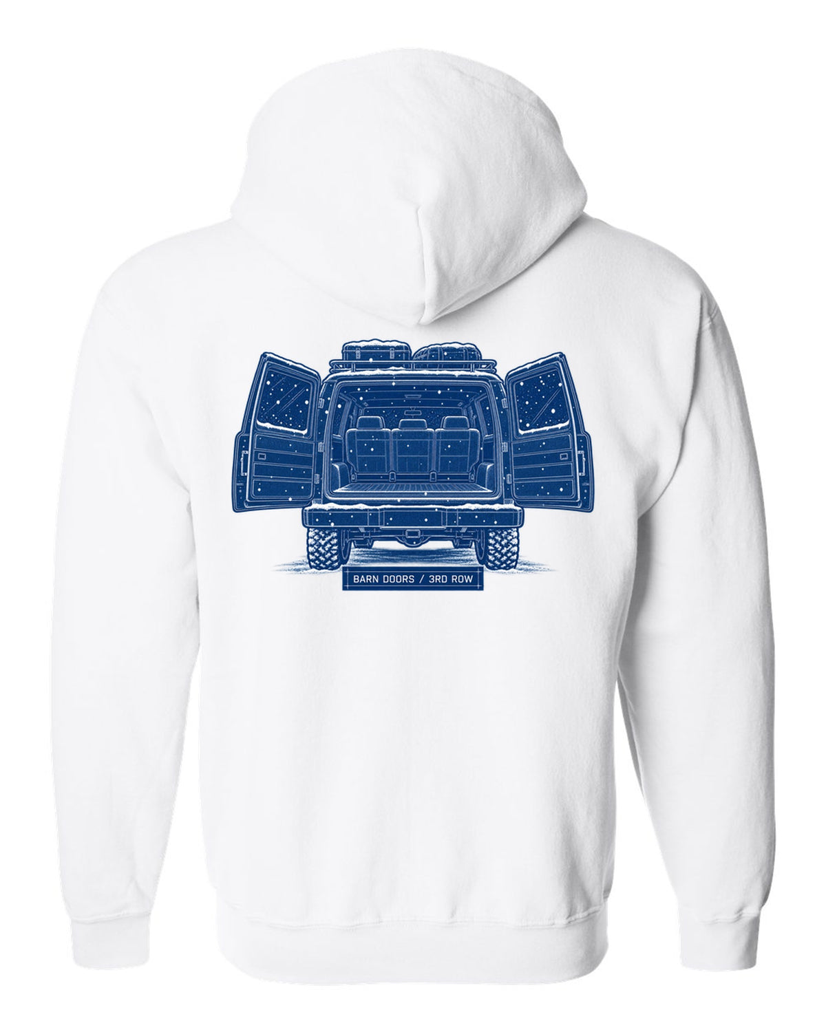 Cyanotype blueprint print of a 1992-1999 Chevrolet Suburban GMT400 with Barn Doors and 3rd Row text white zip hoodie back view with the design