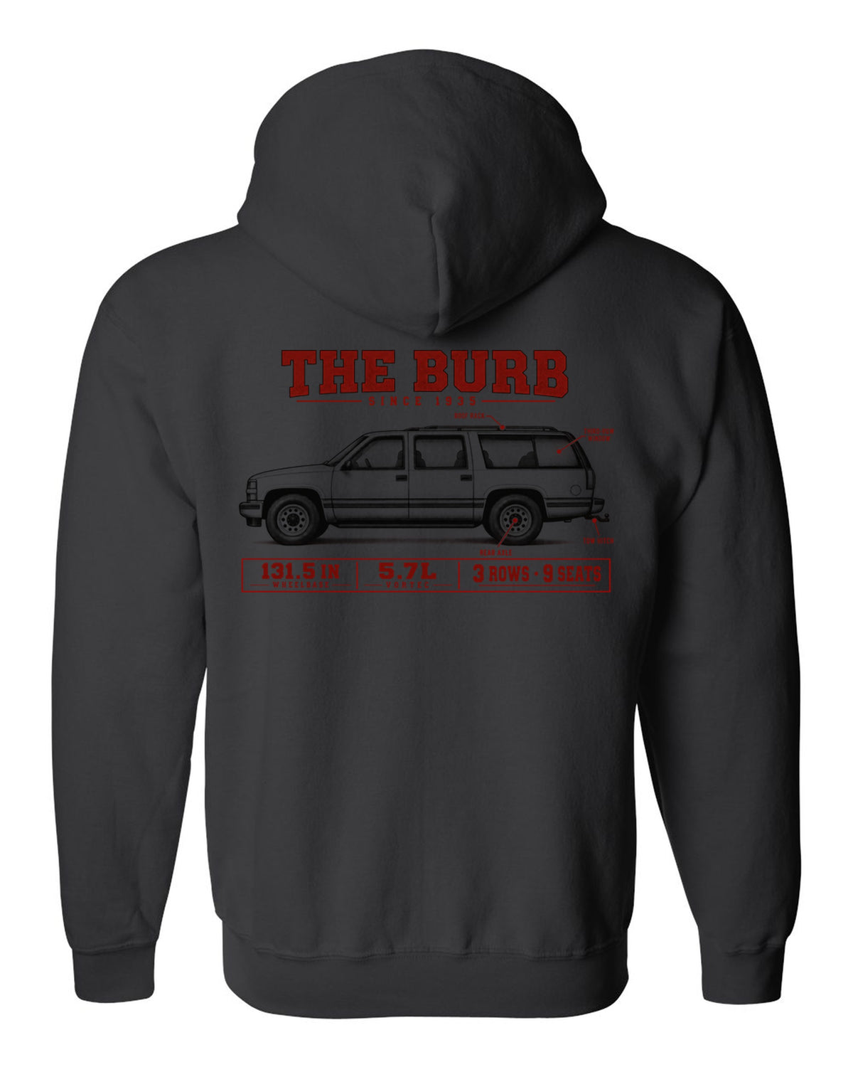 1992-99 Chevy Suburban GMT400 spec poster print black zip hoodie back view with the design