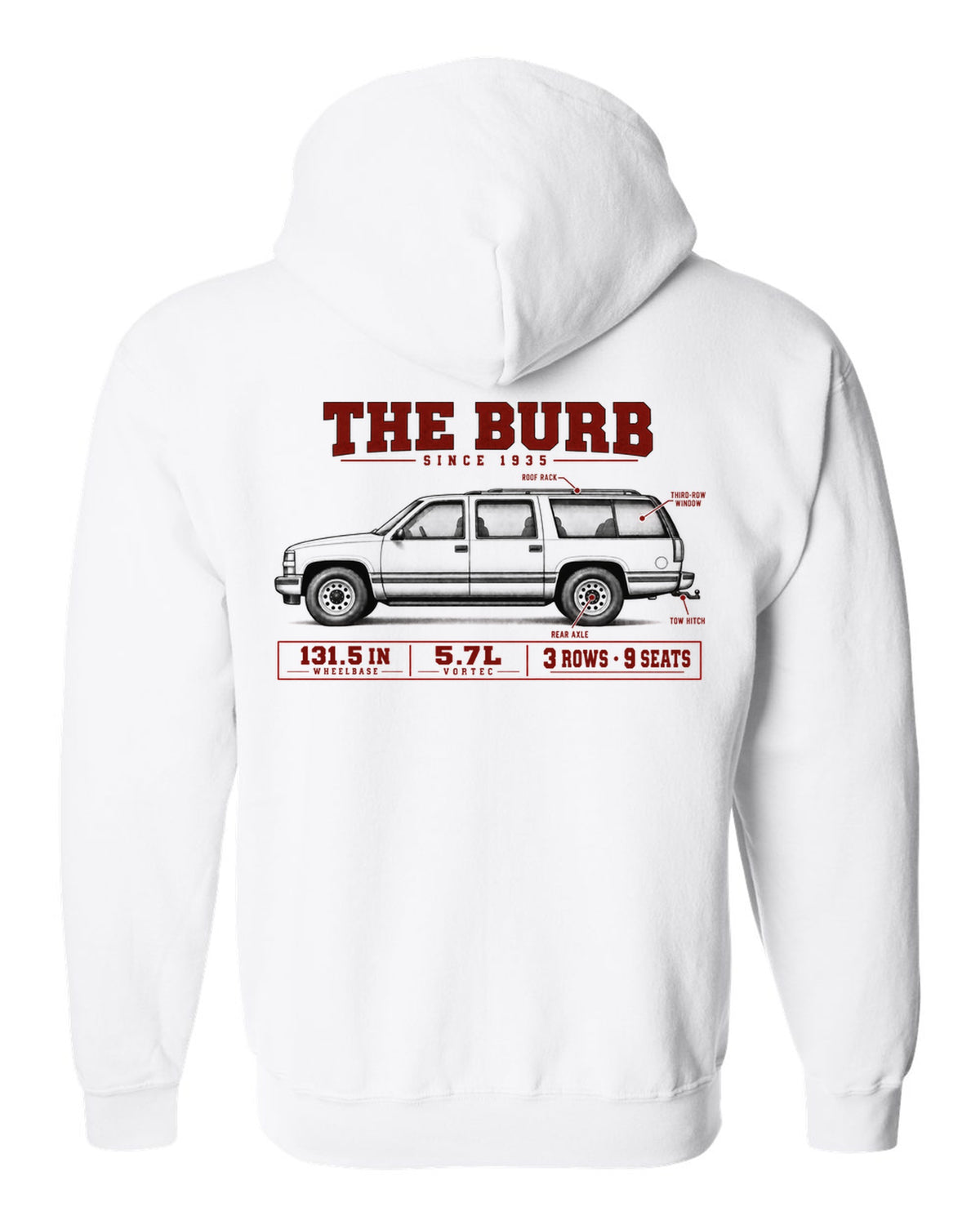 1992-99 Chevy Suburban GMT400 spec poster print white zip hoodie back view with the design