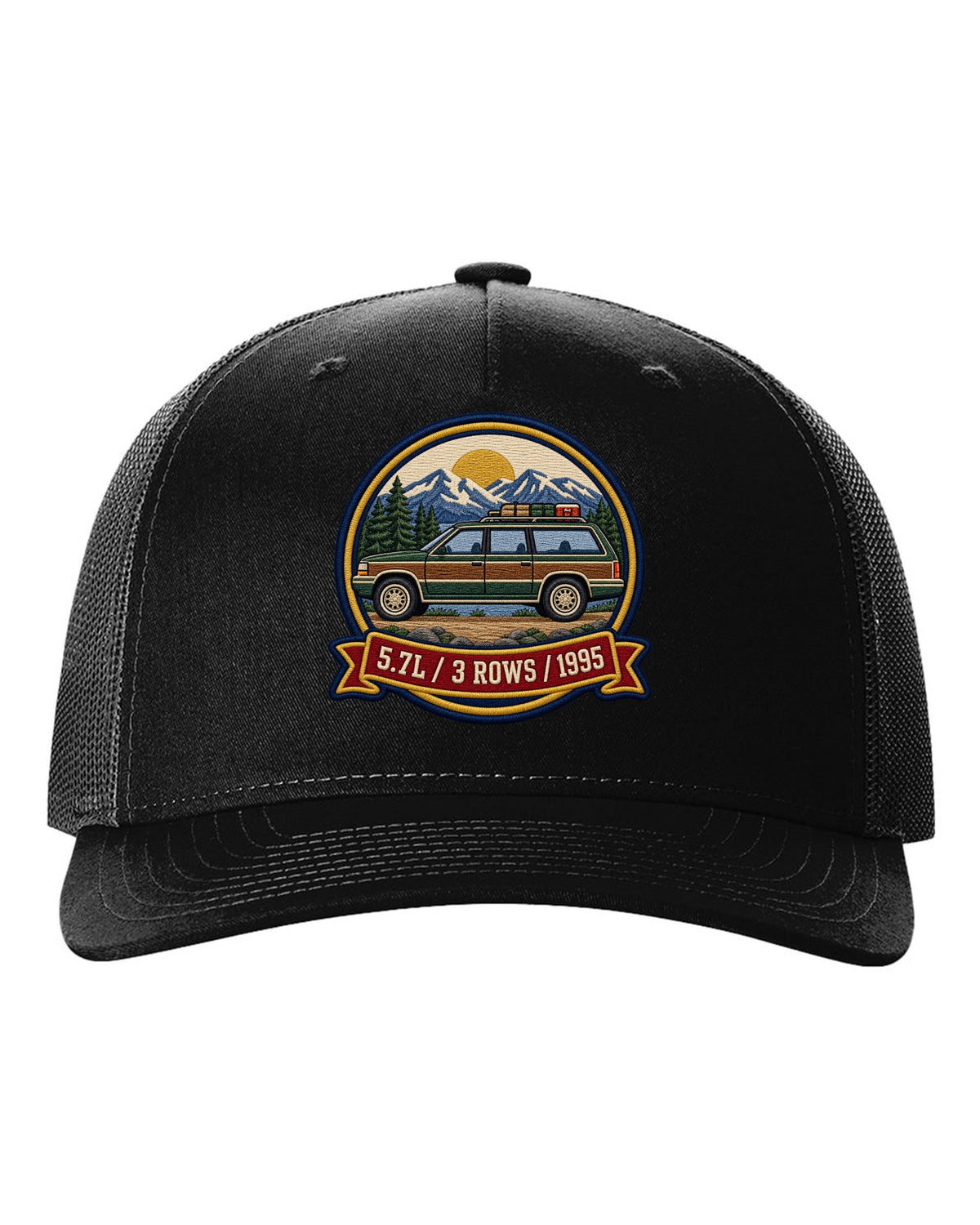 Varsity round crest print for a 1992-1999 Chevrolet Suburban GMT400 with 5.7L, 3 Rows, 1995 text black hat front view with the design