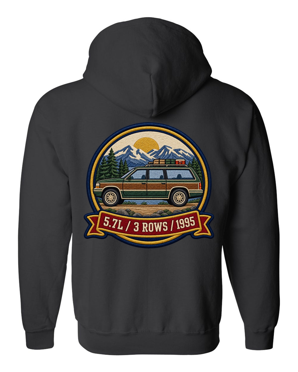 Varsity round crest print for a 1992-1999 Chevrolet Suburban GMT400 with 5.7L, 3 Rows, 1995 text black zip hoodie back view with the design