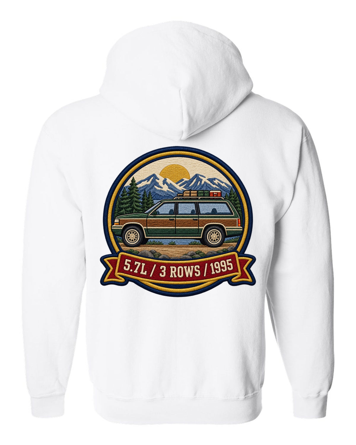 Varsity round crest print for a 1992-1999 Chevrolet Suburban GMT400 with 5.7L, 3 Rows, 1995 text white zip hoodie back view with the design