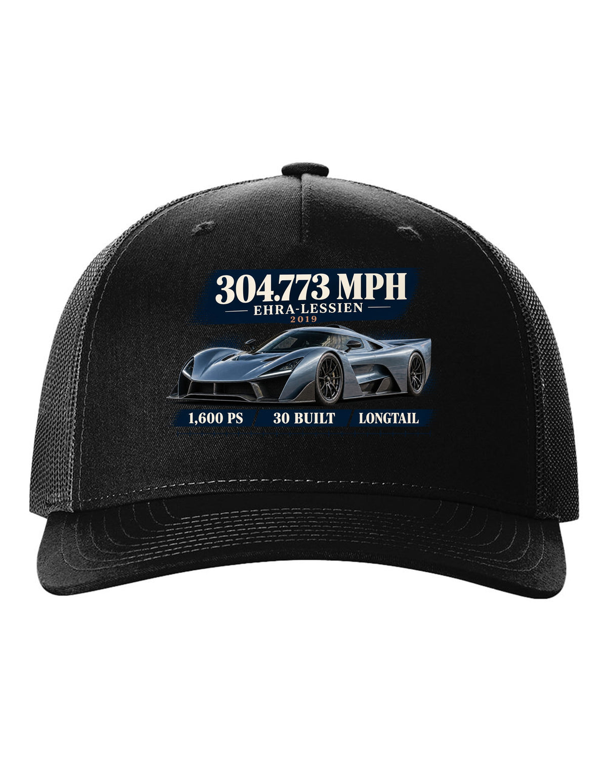 Bugatti Chiron Super Sport 300+ archive panel print with 304.773 mph record black hat front view with the design