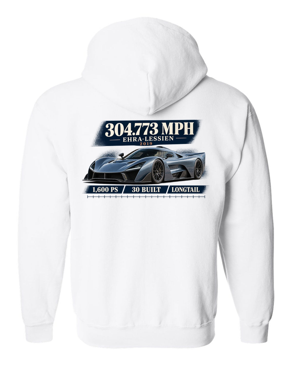 Bugatti Chiron Super Sport 300+ archive panel print with 304.773 mph record white zip hoodie back view with the design