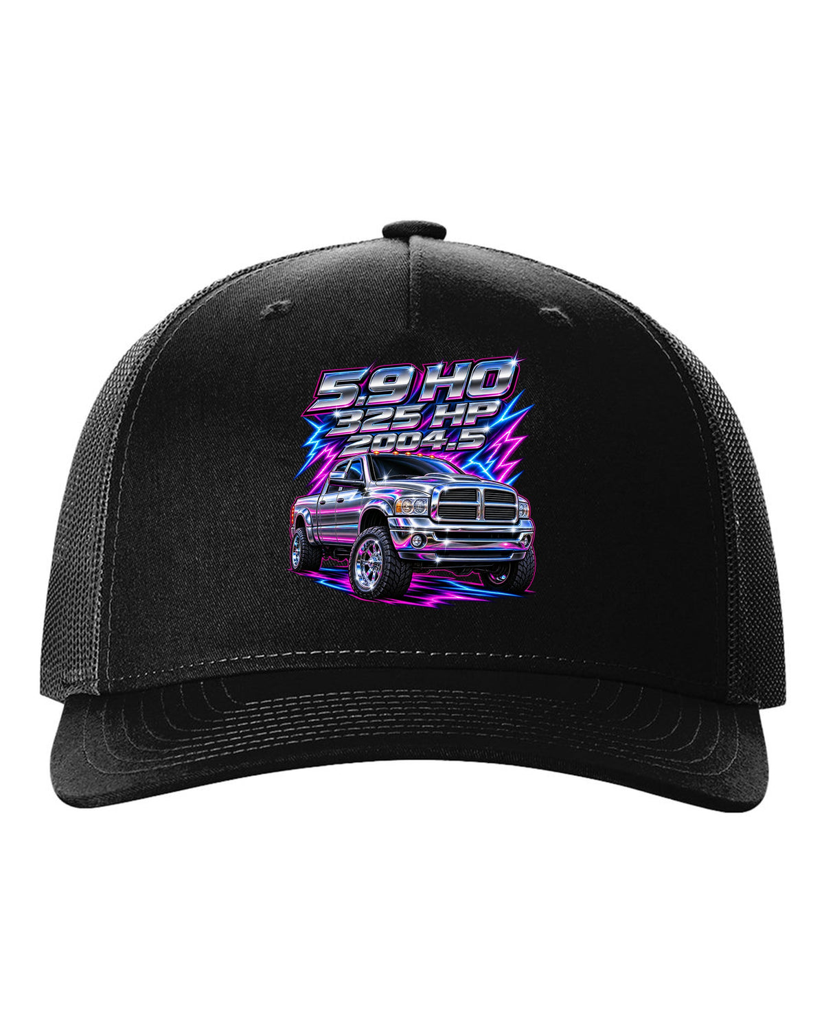 80s chrome airbrush print of a 2003-2009 Dodge Ram 2500 Cummins with 5.9 HO 325 HP 2004.5 text black hat front view with the design