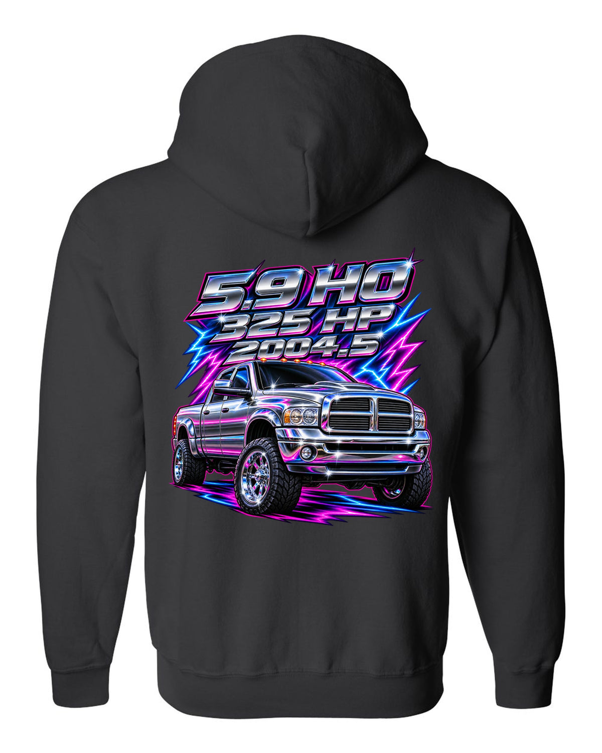 80s chrome airbrush print of a 2003-2009 Dodge Ram 2500 Cummins with 5.9 HO 325 HP 2004.5 text black zip hoodie back view with the design