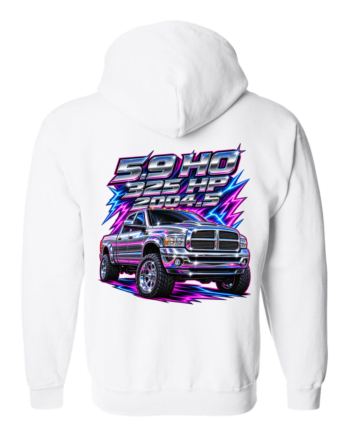 80s chrome airbrush print of a 2003-2009 Dodge Ram 2500 Cummins with 5.9 HO 325 HP 2004.5 text white zip hoodie back view with the design
