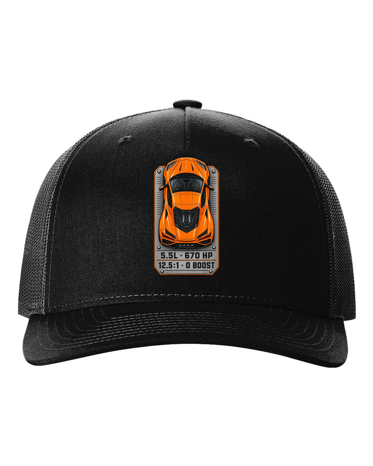 80s airbrush chrome style design of a 2025 C8 Corvette ZR1 black hat front view with the design