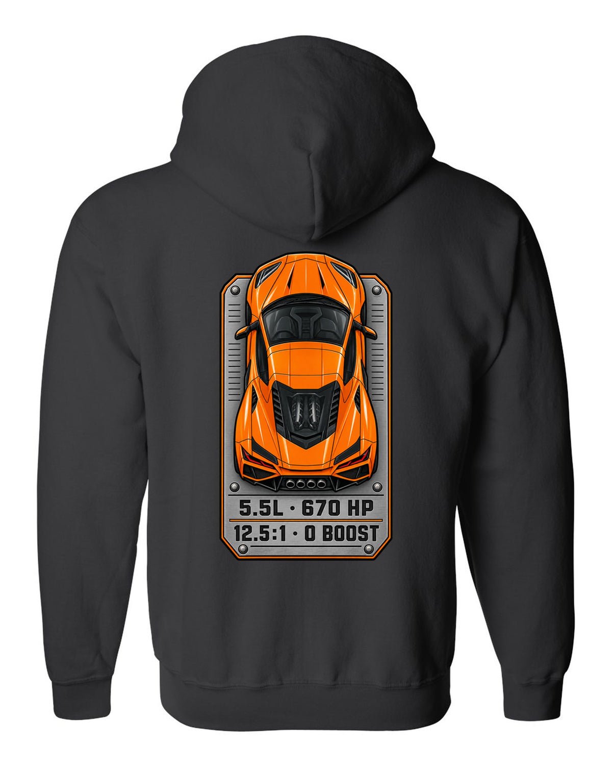 80s airbrush chrome style design of a 2025 C8 Corvette ZR1 black zip hoodie back view with the design