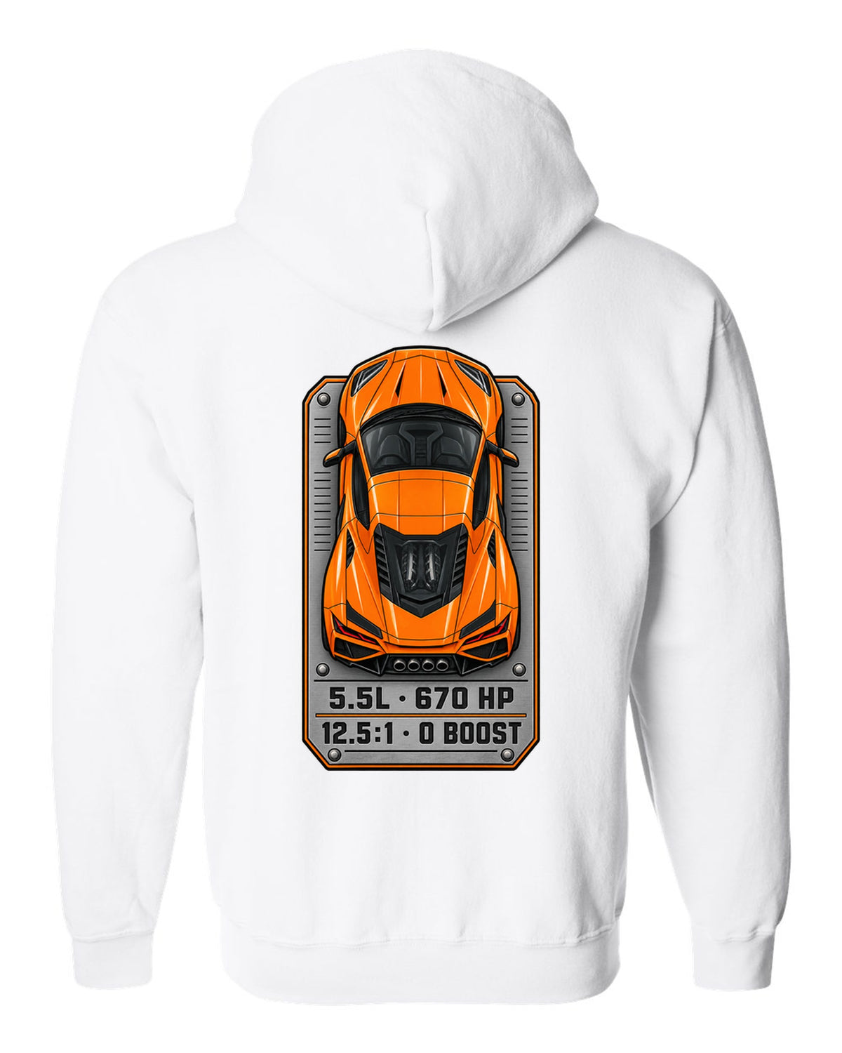 80s airbrush chrome style design of a 2025 C8 Corvette ZR1 white zip hoodie back view with the design