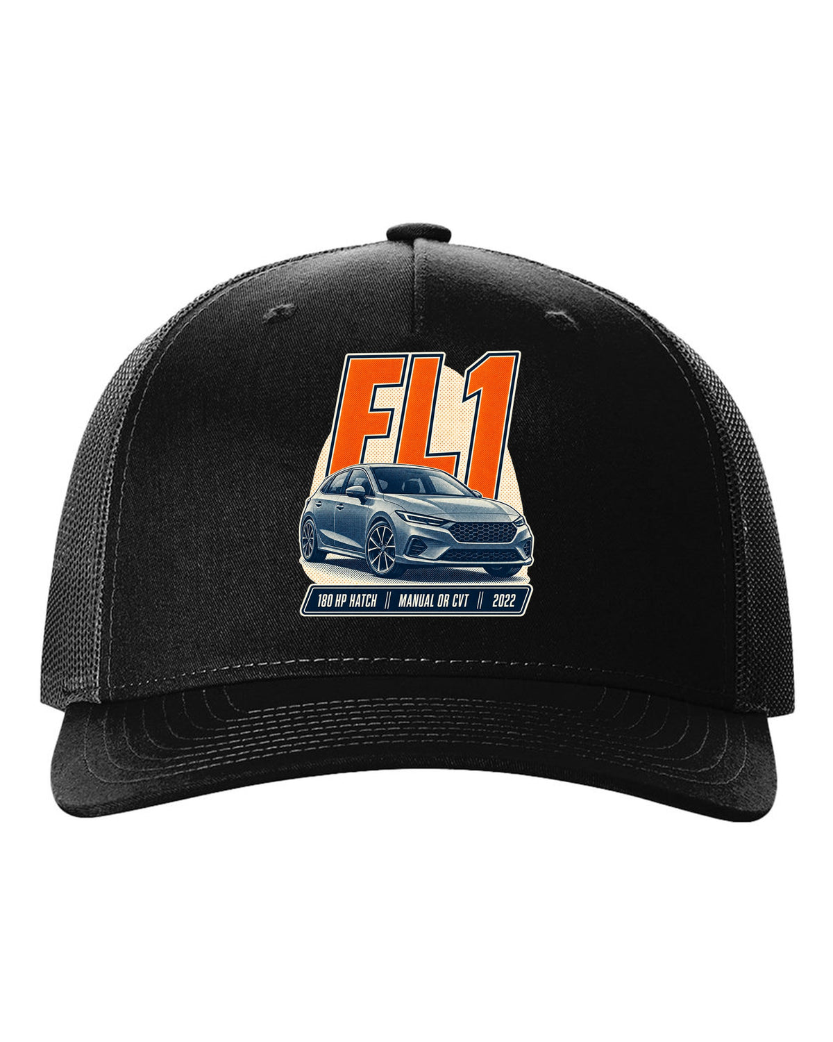 Honda Civic chback FL1 halftone front three-quarter print black hat front view with the design