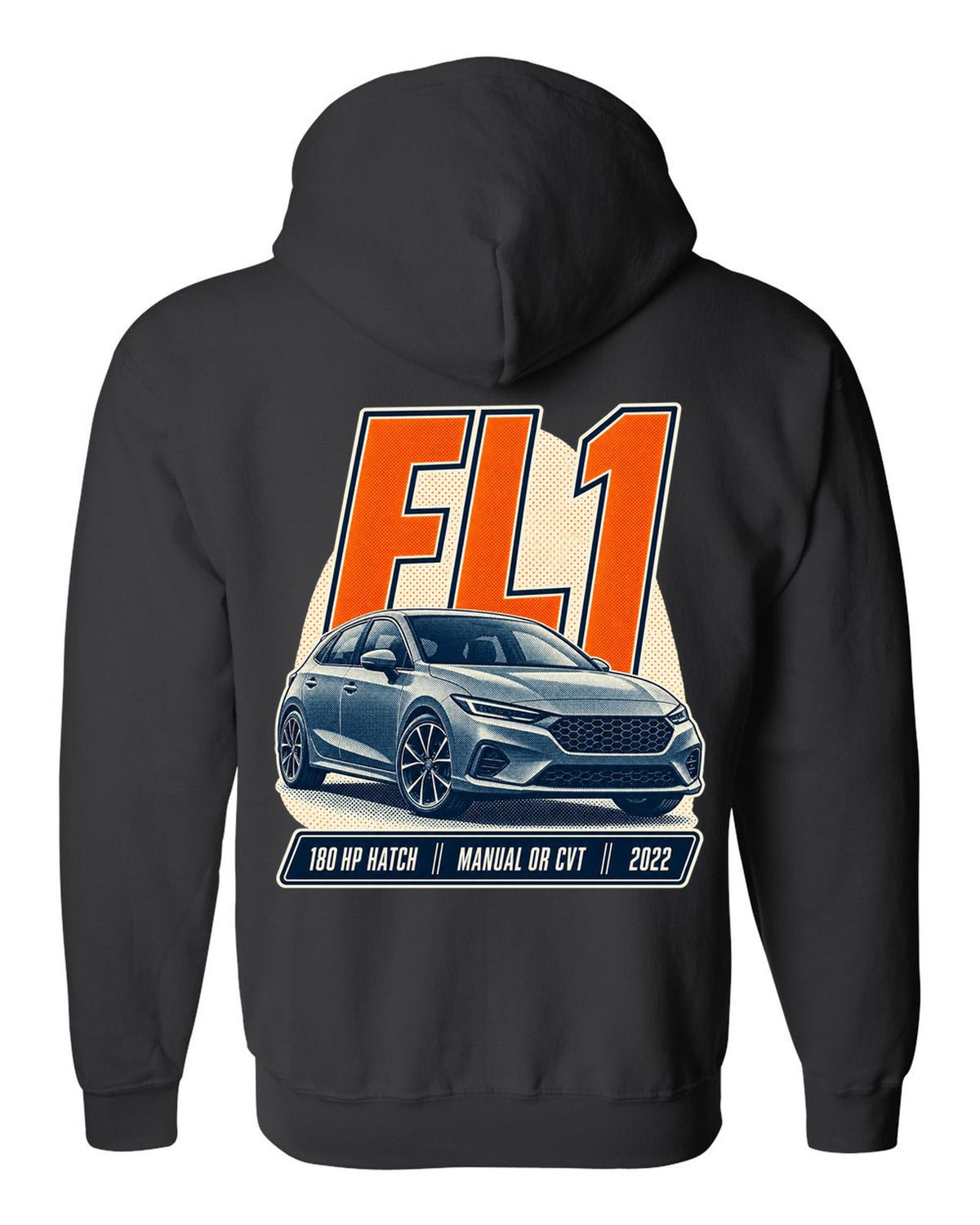 Honda Civic chback FL1 halftone front three-quarter print black zip hoodie back view with the design