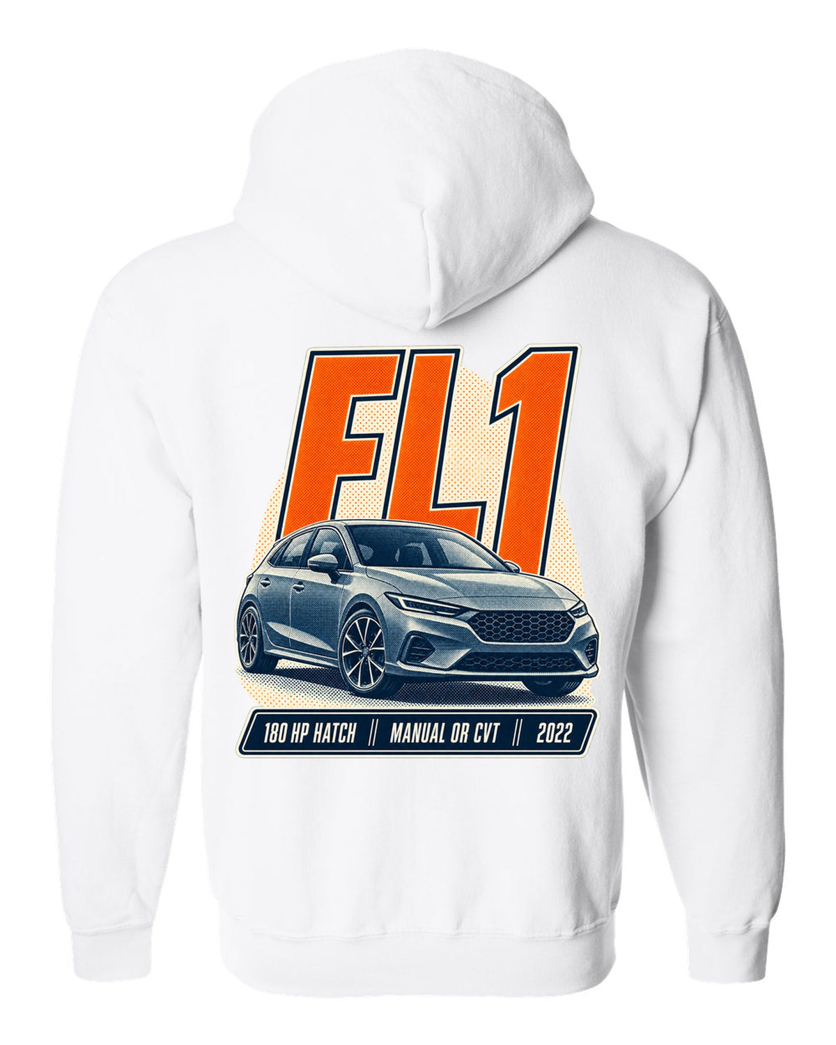 Honda Civic chback FL1 halftone front three-quarter print white zip hoodie back view with the design