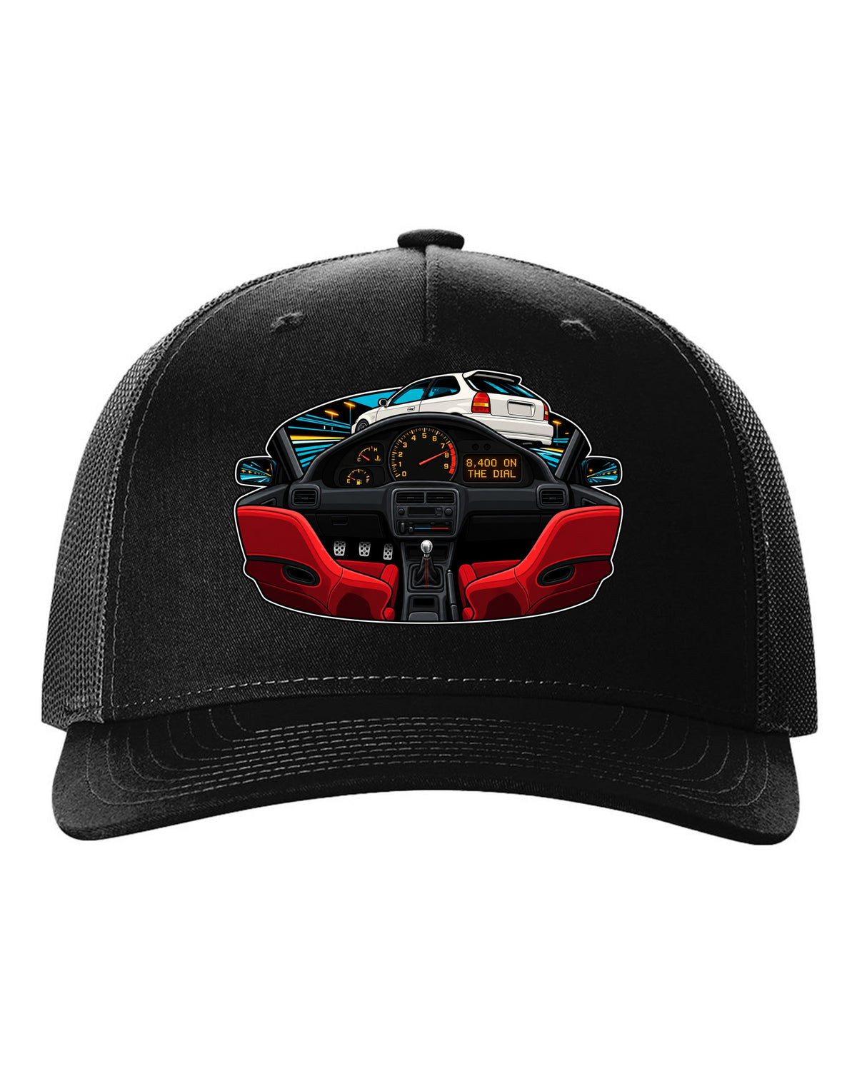 Gauge-cluster HUD print of a 1997 Honda Civic Type R EK9 with 8,400 on the dial text black hat front view with the design