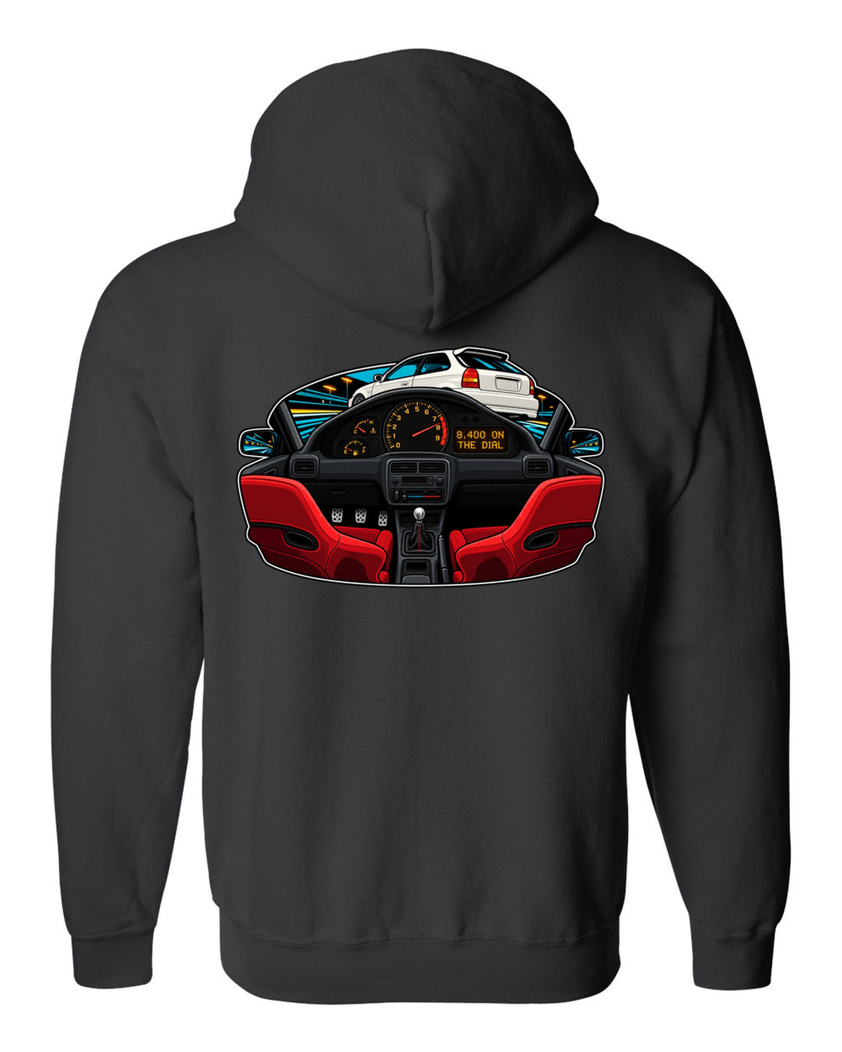 Gauge-cluster HUD print of a 1997 Honda Civic Type R EK9 with 8,400 on the dial text black zip hoodie back view with the design