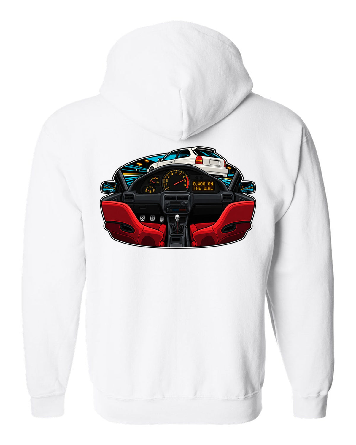 Gauge-cluster HUD print of a 1997 Honda Civic Type R EK9 with 8,400 on the dial text white zip hoodie back view with the design