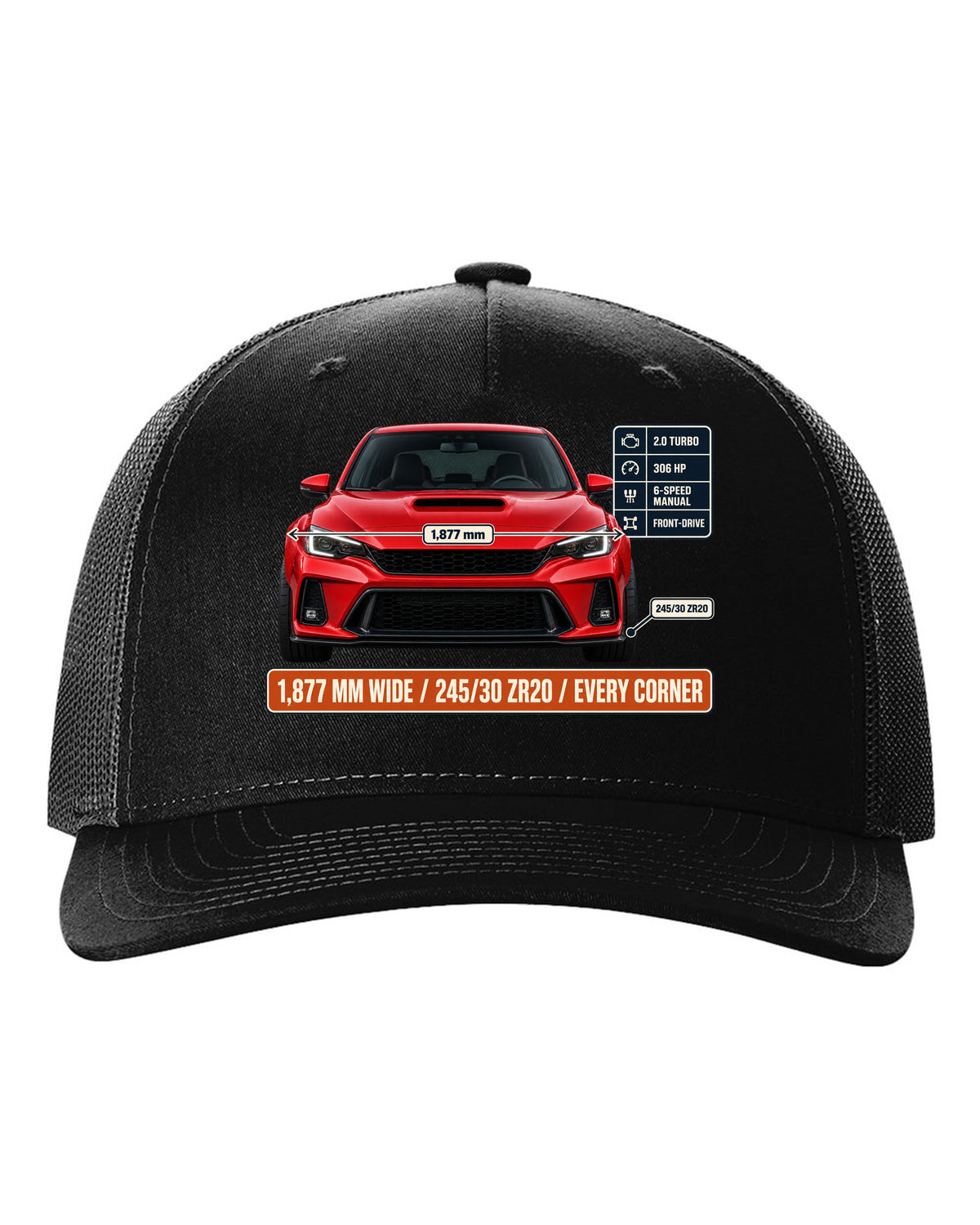 Front elevation of a Rallye Red Honda Civic Type R FK8 on a spec poster print black hat front view with the design