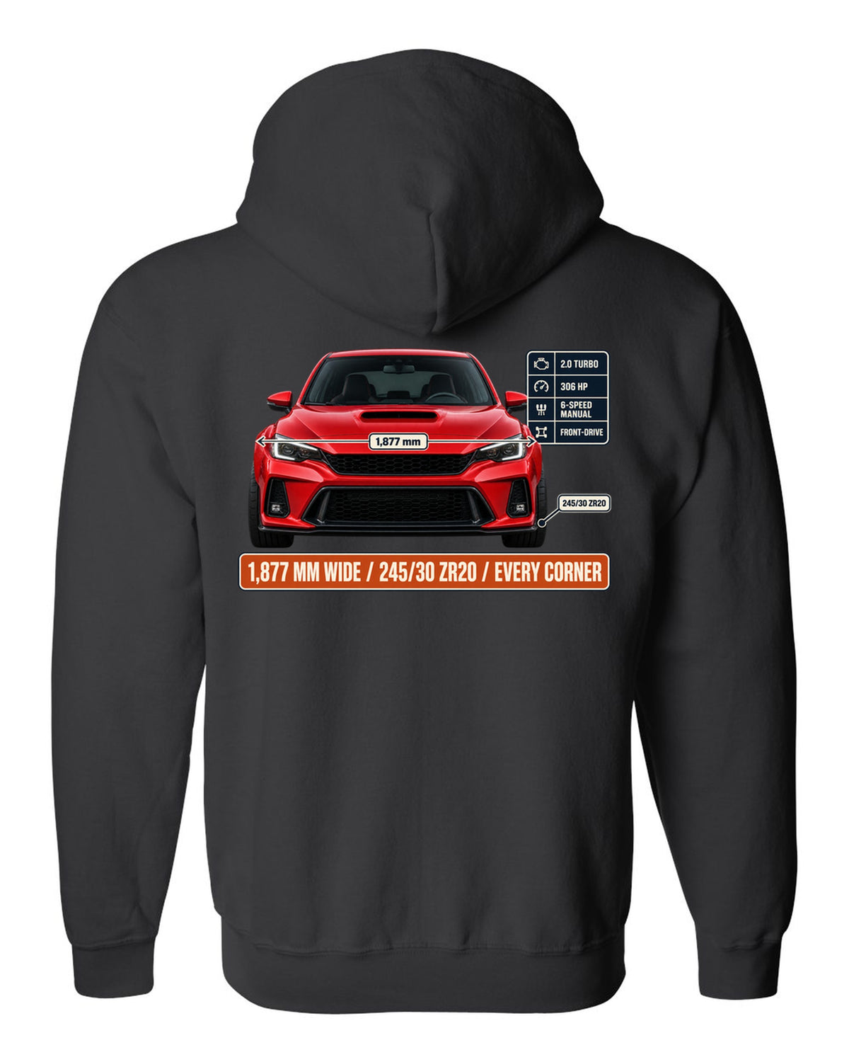 Front elevation of a Rallye Red Honda Civic Type R FK8 on a spec poster print black zip hoodie back view with the design