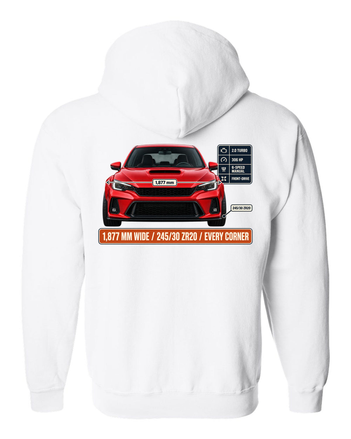 Front elevation of a Rallye Red Honda Civic Type R FK8 on a spec poster print white zip hoodie back view with the design