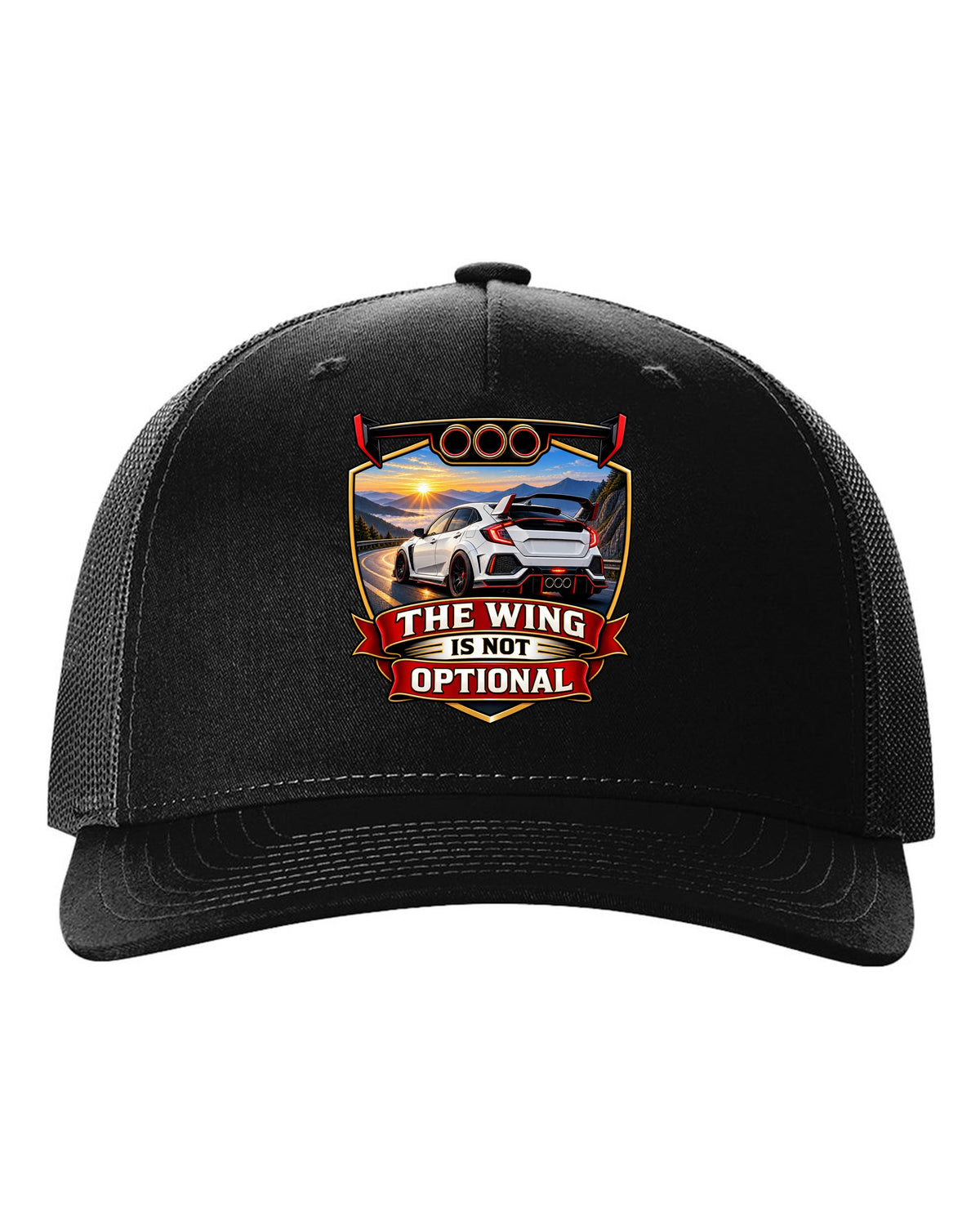 Racing shield print of a Honda Civic Type R FK8 ch with the wing is not optional text black hat front view with the design