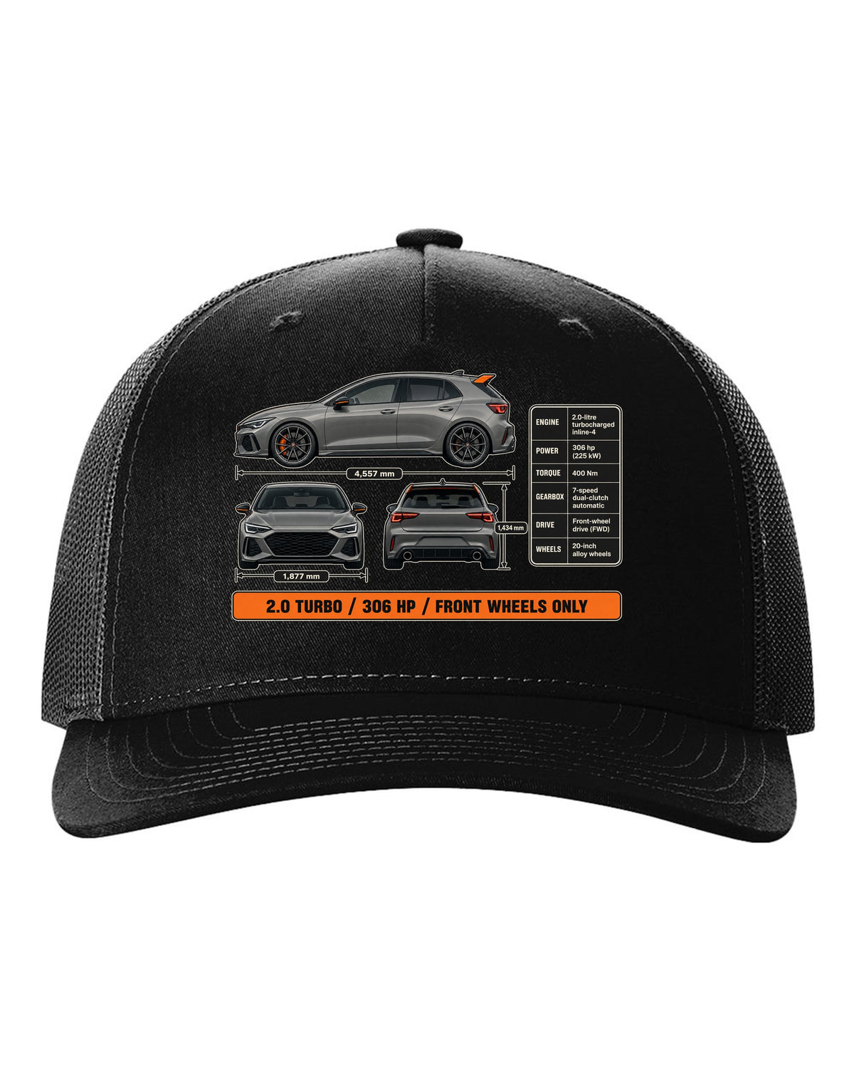 print three-view drawing of a Sonic Grey Honda Civic Type R FK8 black hat front view with the design