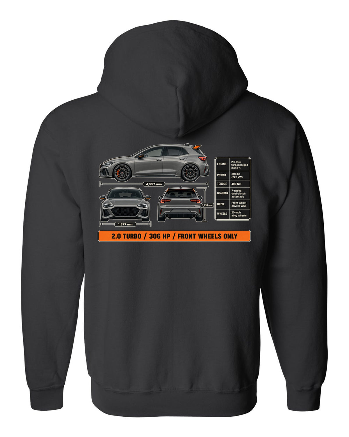 print three-view drawing of a Sonic Grey Honda Civic Type R FK8 black zip hoodie back view with the design