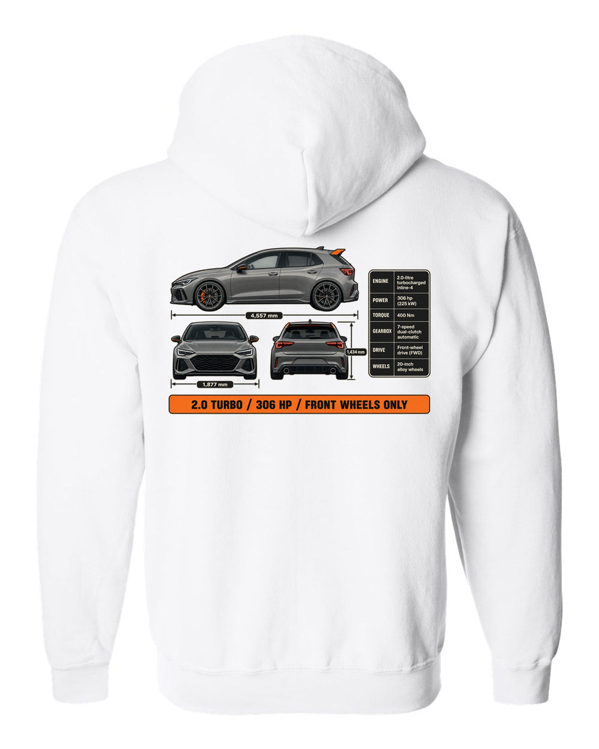 print three-view drawing of a Sonic Grey Honda Civic Type R FK8 white zip hoodie back view with the design