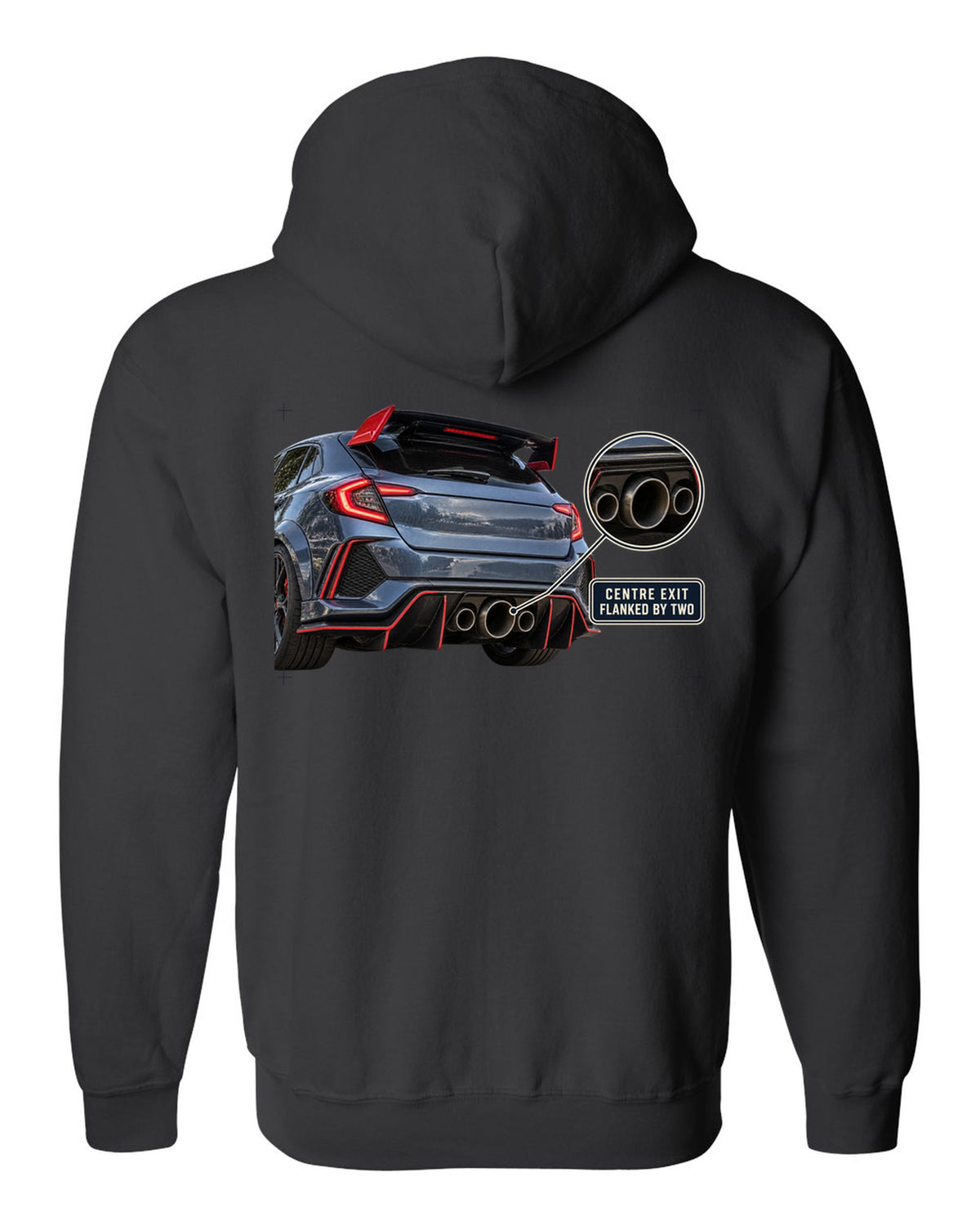 print rear close-up of a Honda Civic Type R FK8 with triple exhaust outlets black zip hoodie back view with the design