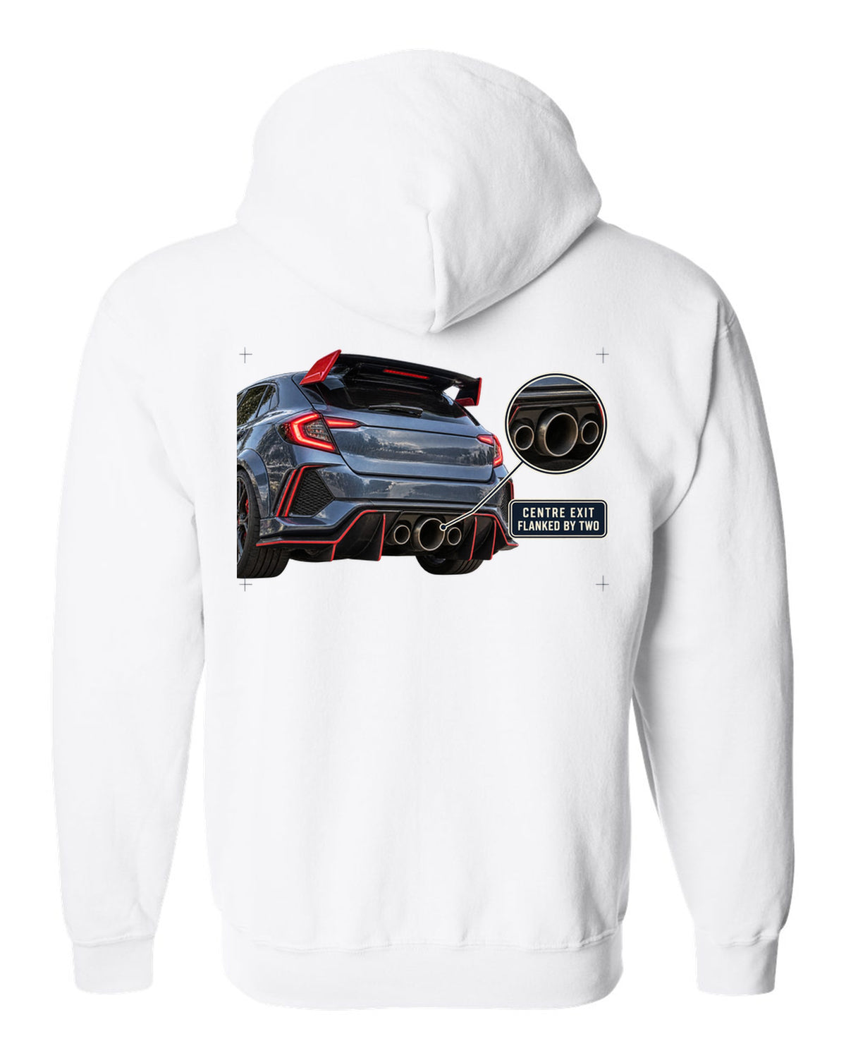 print rear close-up of a Honda Civic Type R FK8 with triple exhaust outlets white zip hoodie back view with the design