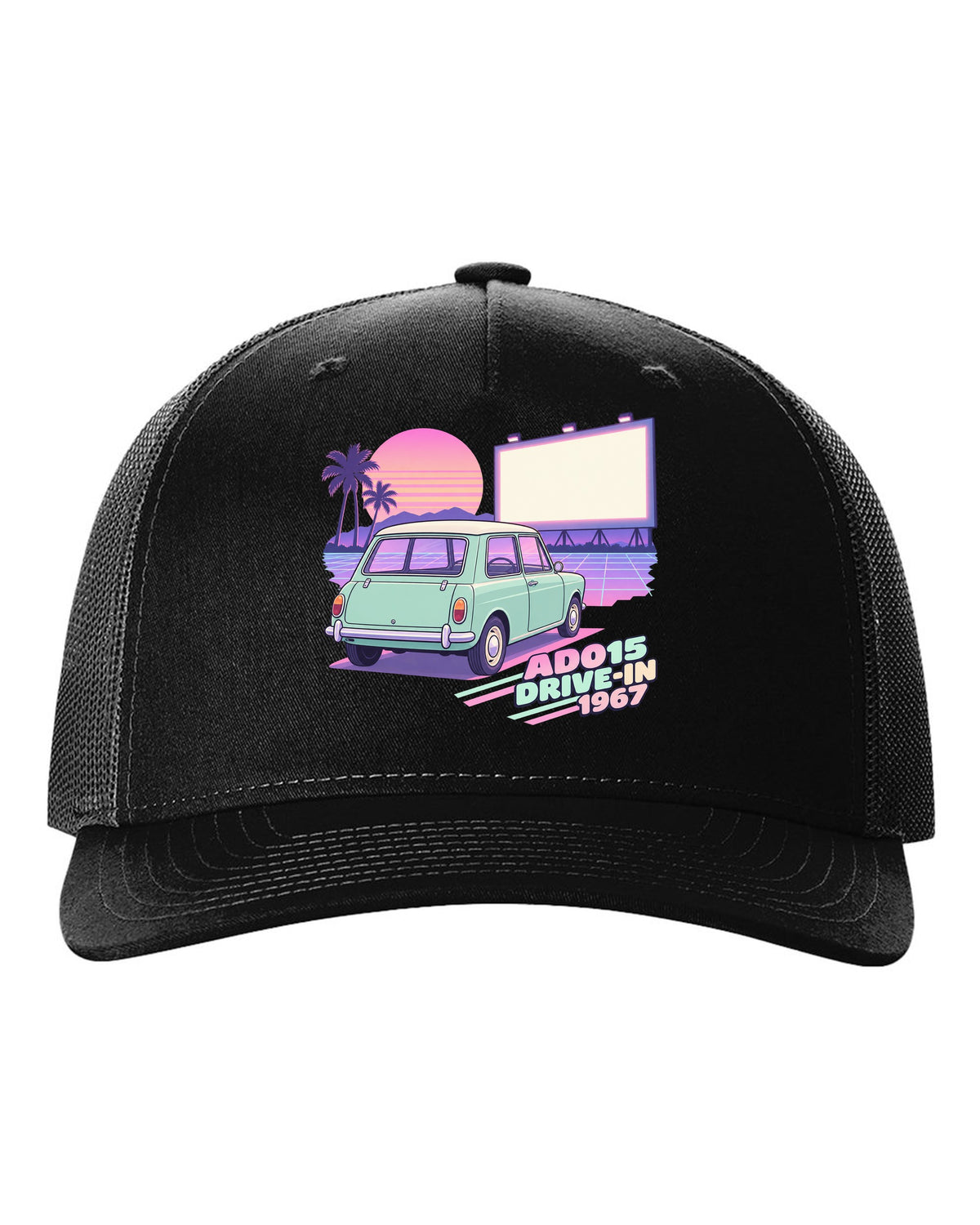 Pastel vaporwave drive-in scene with a 1967 classic Mini Cooper ADO15 black hat front view with the design